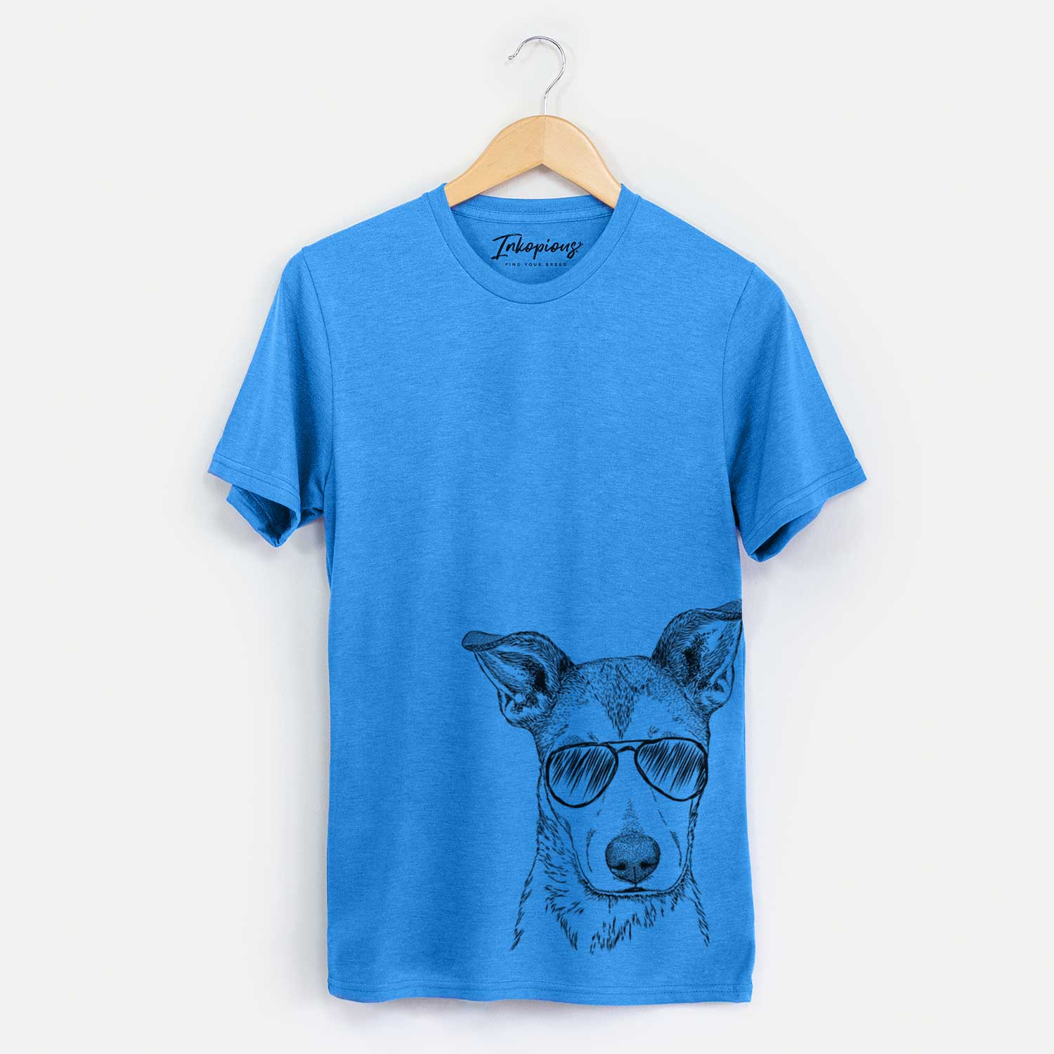 Hand-drawn sketch of Coral the Mixed Breed wearing aviator sunglasses on a Blue Unisex crewneck