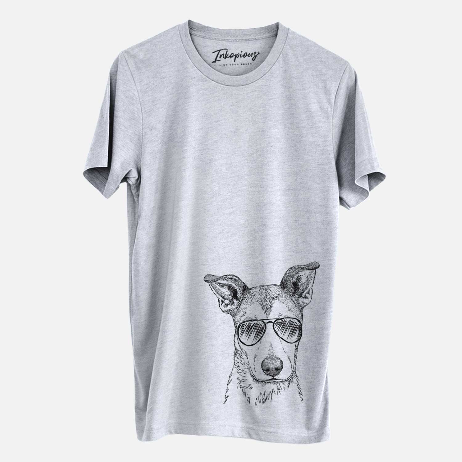 Hand-drawn sketch of Coral the Mixed Breed wearing aviator sunglasses on a Grey Unisex crewneck