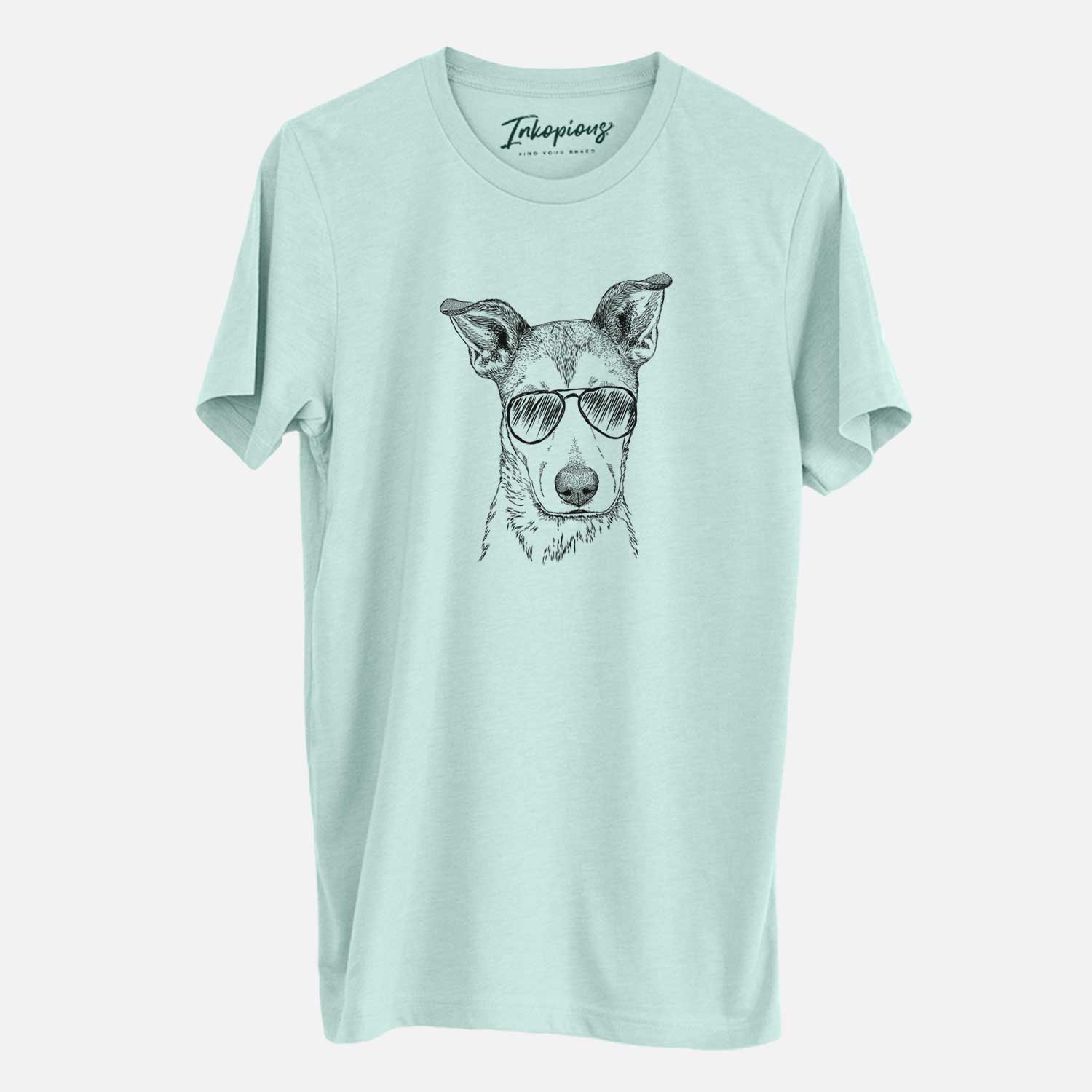 Hand-drawn sketch of Coral the Mixed Breed wearing aviator sunglasses on a Heather Sage Unisex crewneck
