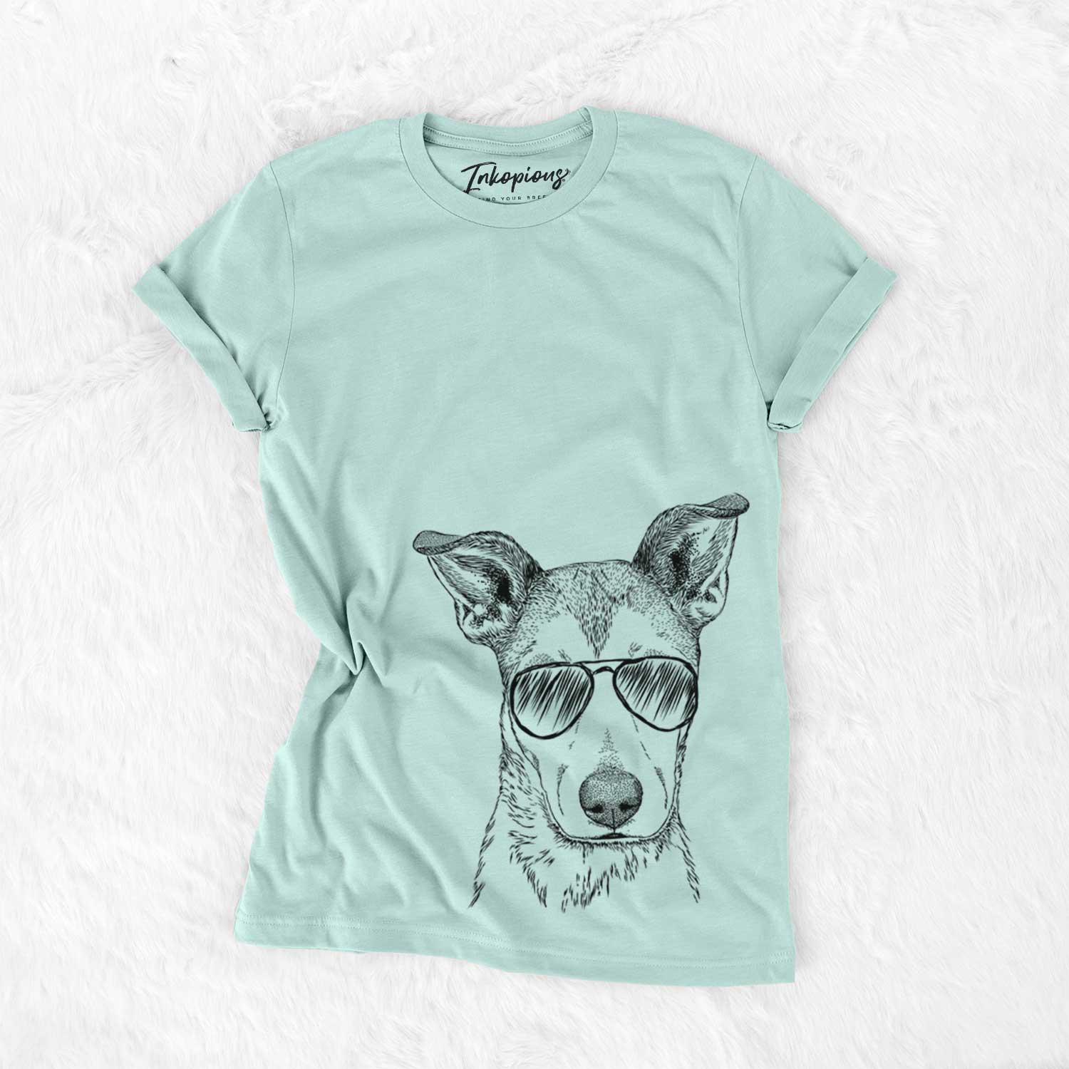 Hand-drawn sketch of Coral the Mixed Breed wearing aviator sunglasses on a Heather Sage Unisex crewneck