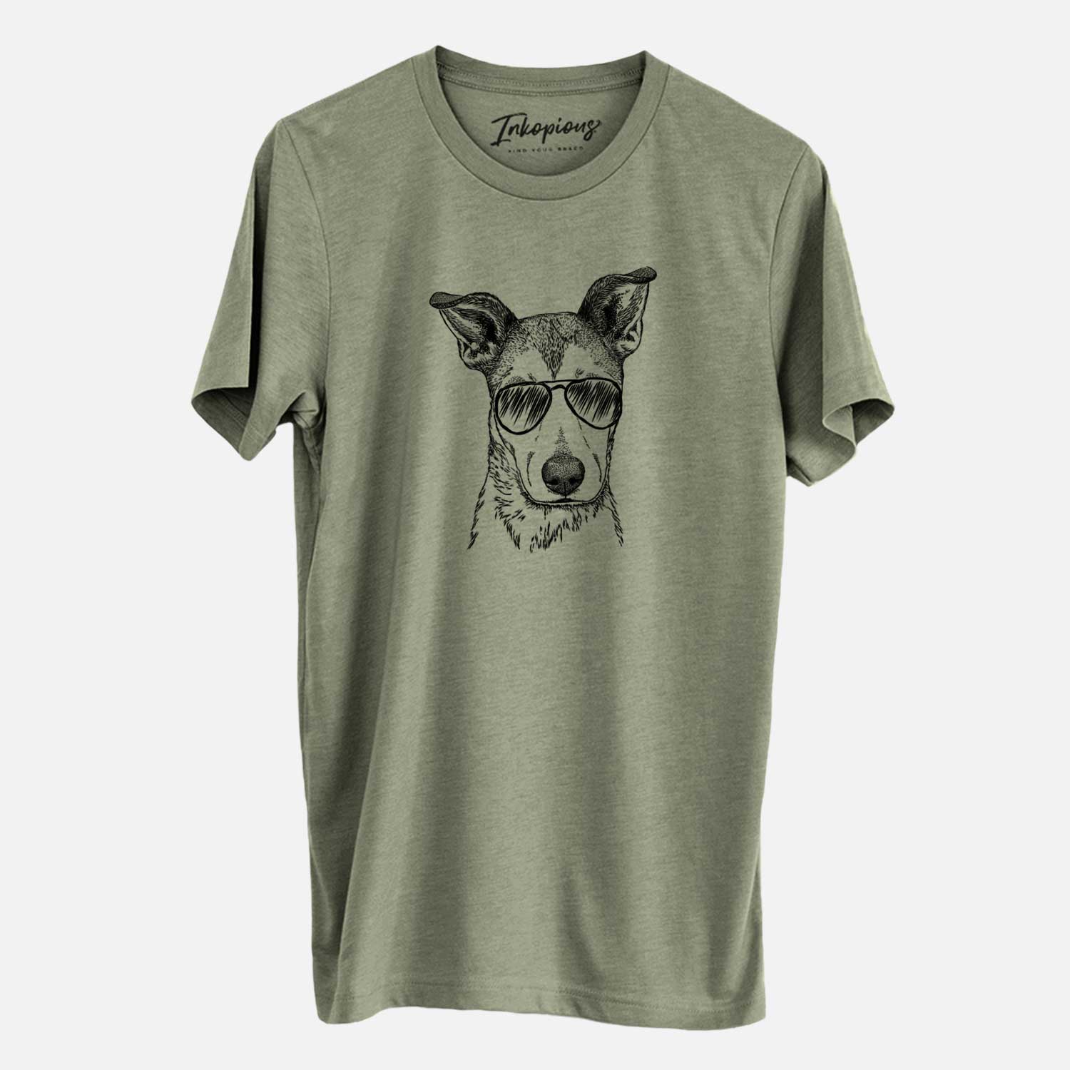 Hand-drawn sketch of Coral the Mixed Breed wearing aviator sunglasses on an Olive Unisex crewneck