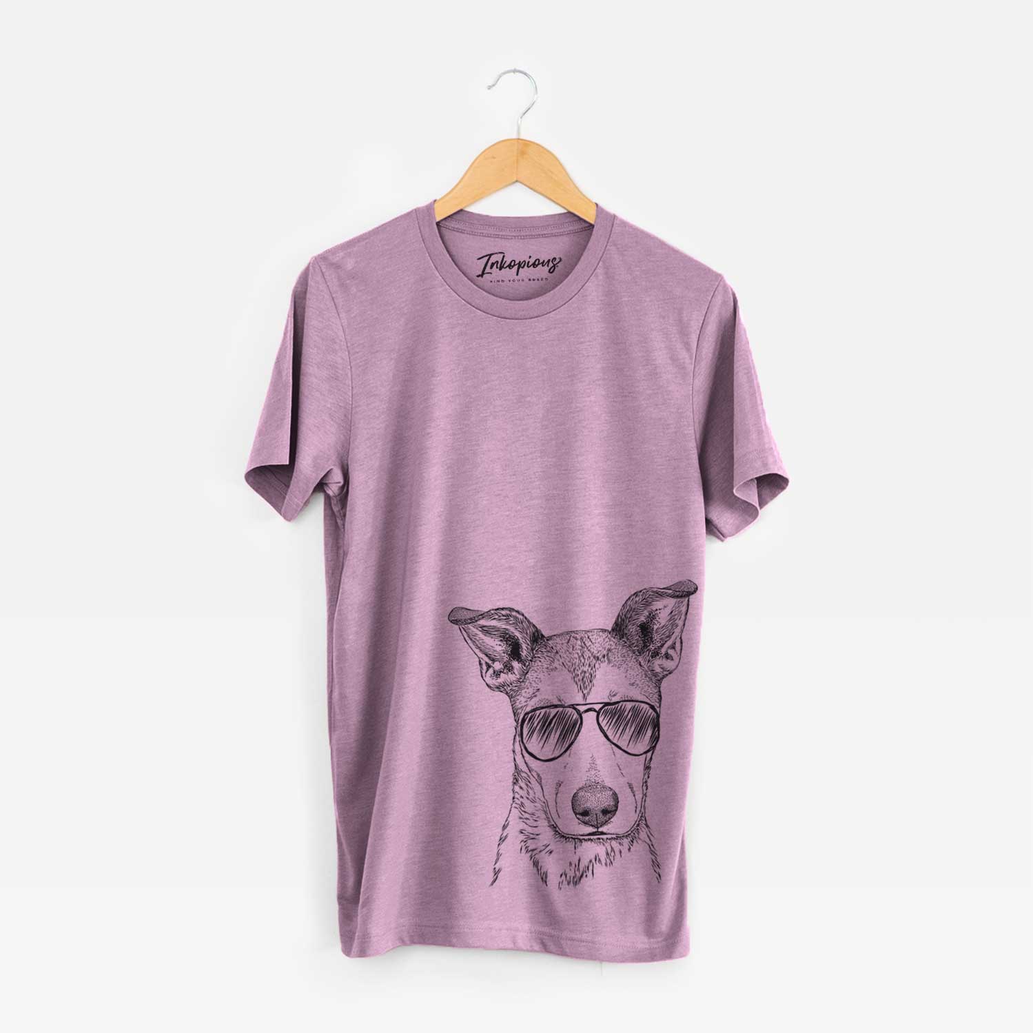 Hand-drawn sketch of Coral the Mixed Breed wearing aviator sunglasses on an Orchid Unisex crewneck