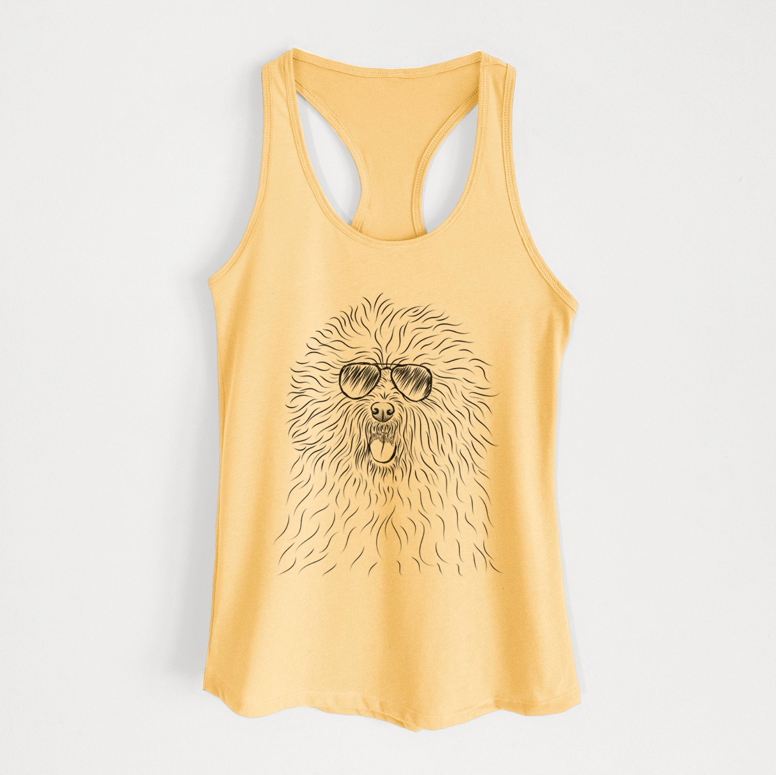 Hand-drawn sketch of Cozie the Old English Sheepdog wearing aviator sunglasses on a Banana Cream Women's racerback tanktop
