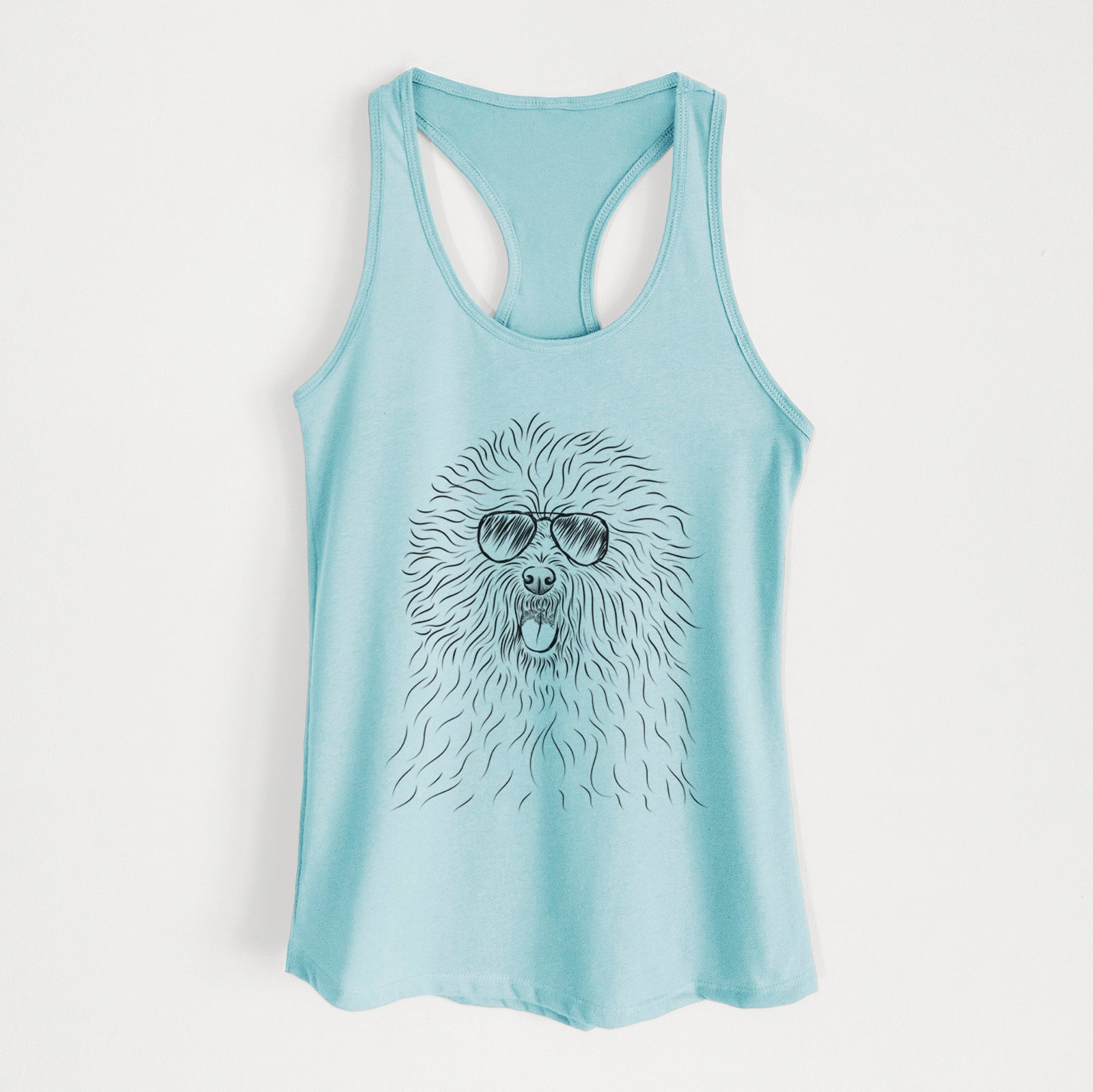 Hand-drawn sketch of Cozie the Old English Sheepdog wearing aviator sunglasses on a Cancun Blue Women's racerback tanktop