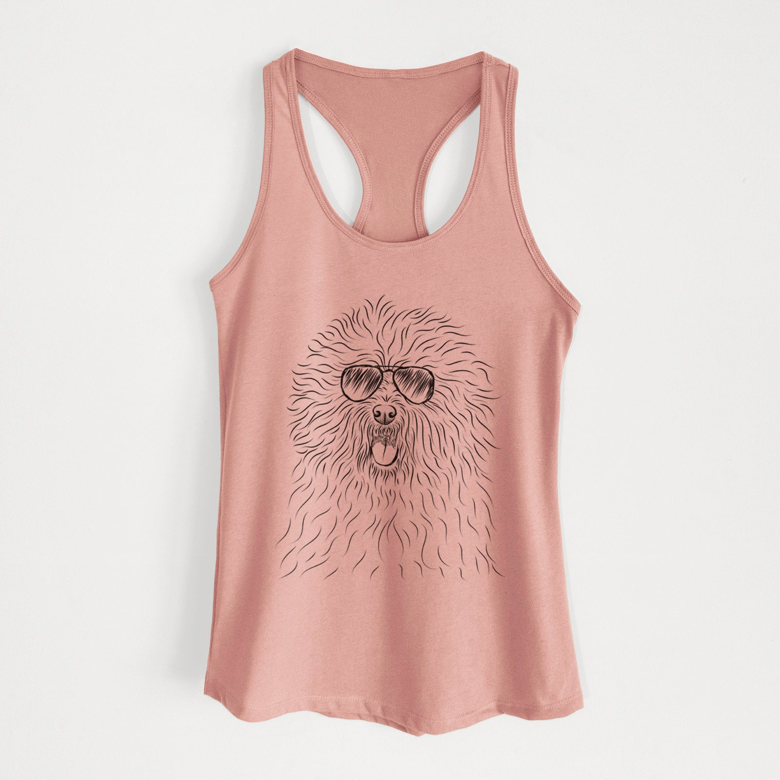 Hand-drawn sketch of Cozie the Old English Sheepdog wearing aviator sunglasses on a Desert Pink Women's racerback tanktop