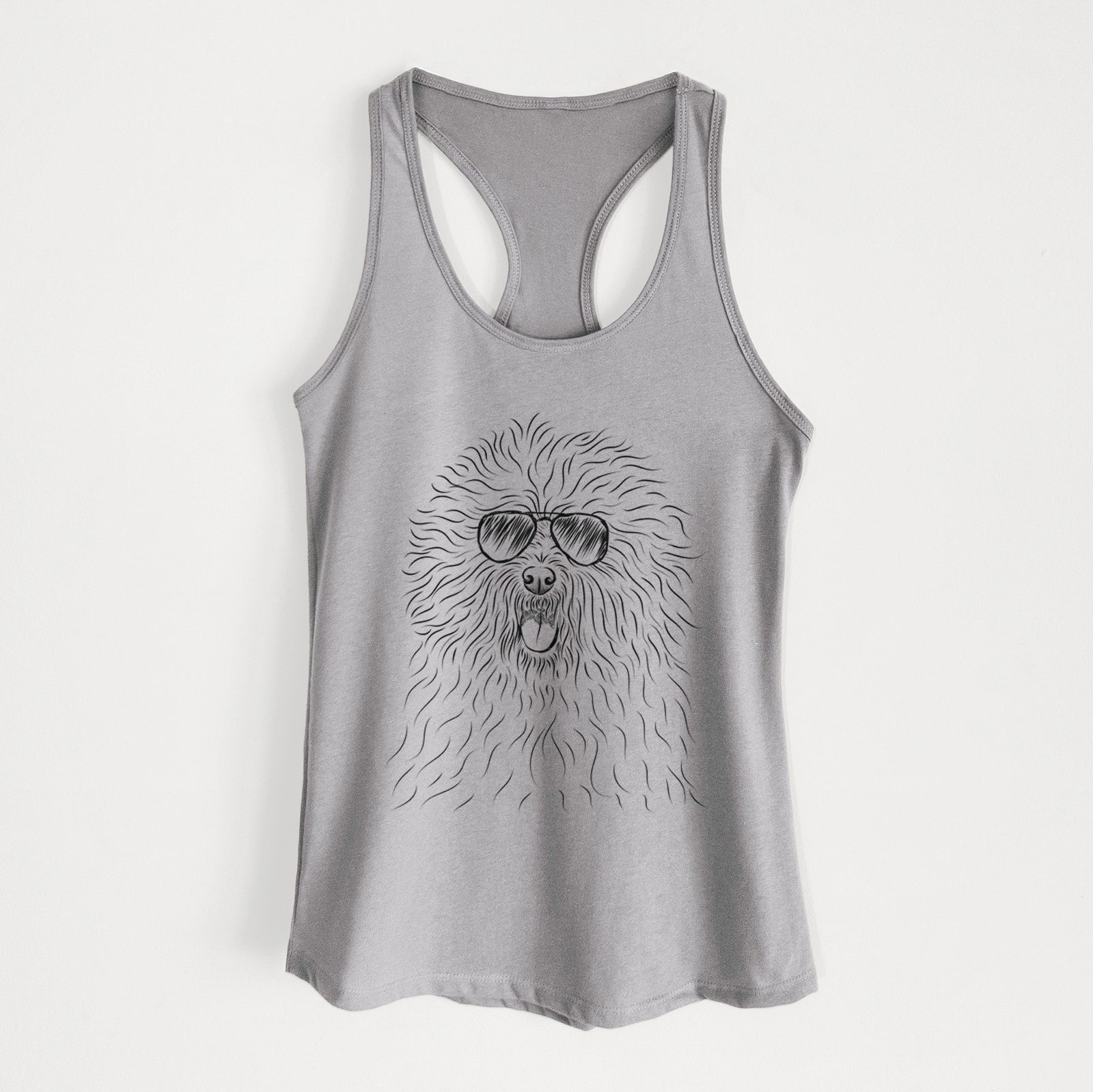 Hand-drawn sketch of Cozie the Old English Sheepdog wearing aviator sunglasses on a Heather Grey Women's racerback tanktop