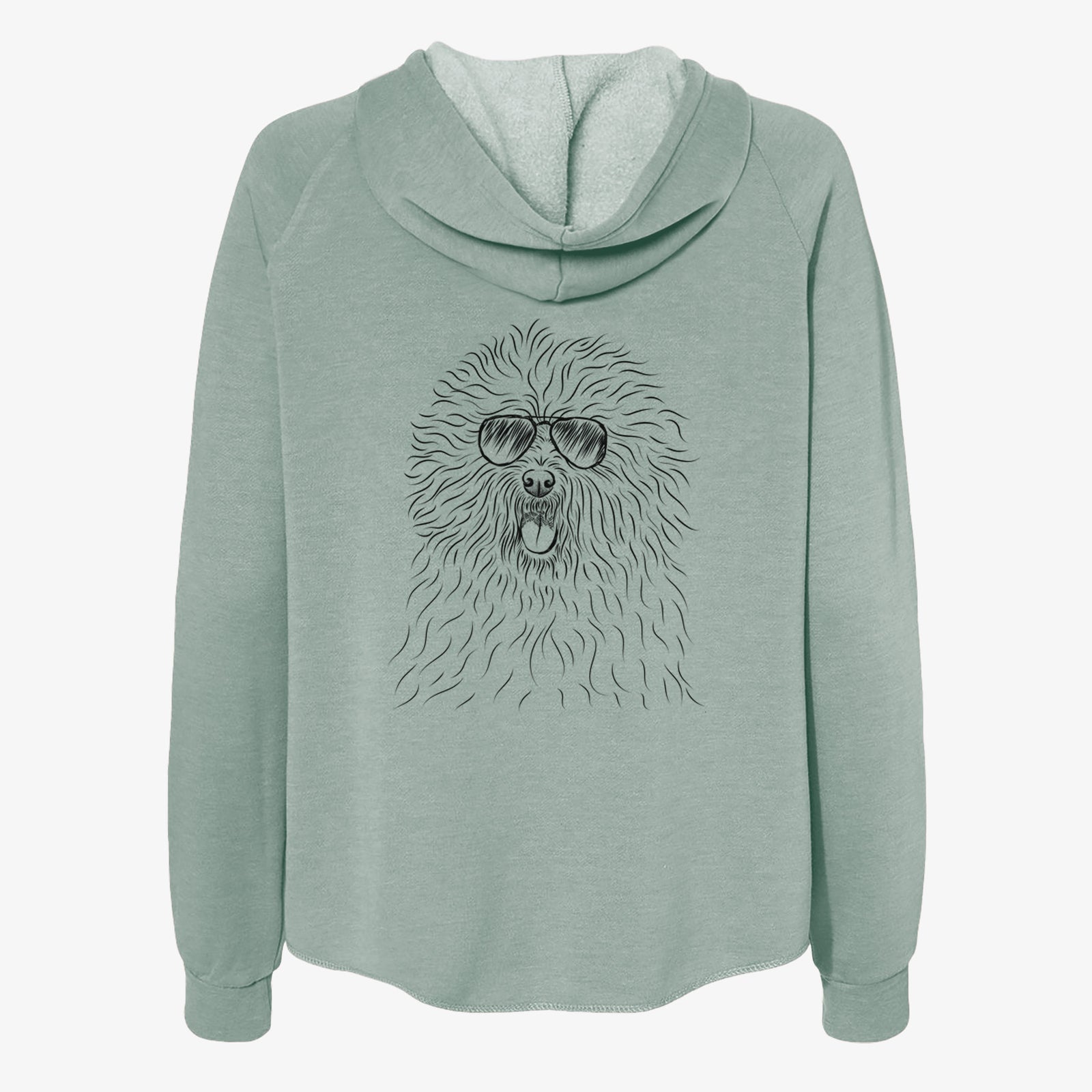 Hand-drawn sketch of Cozie the Old English Sheepdog wearing aviator sunglasses on a Sage Women's cali wave zip-up sweatshirt