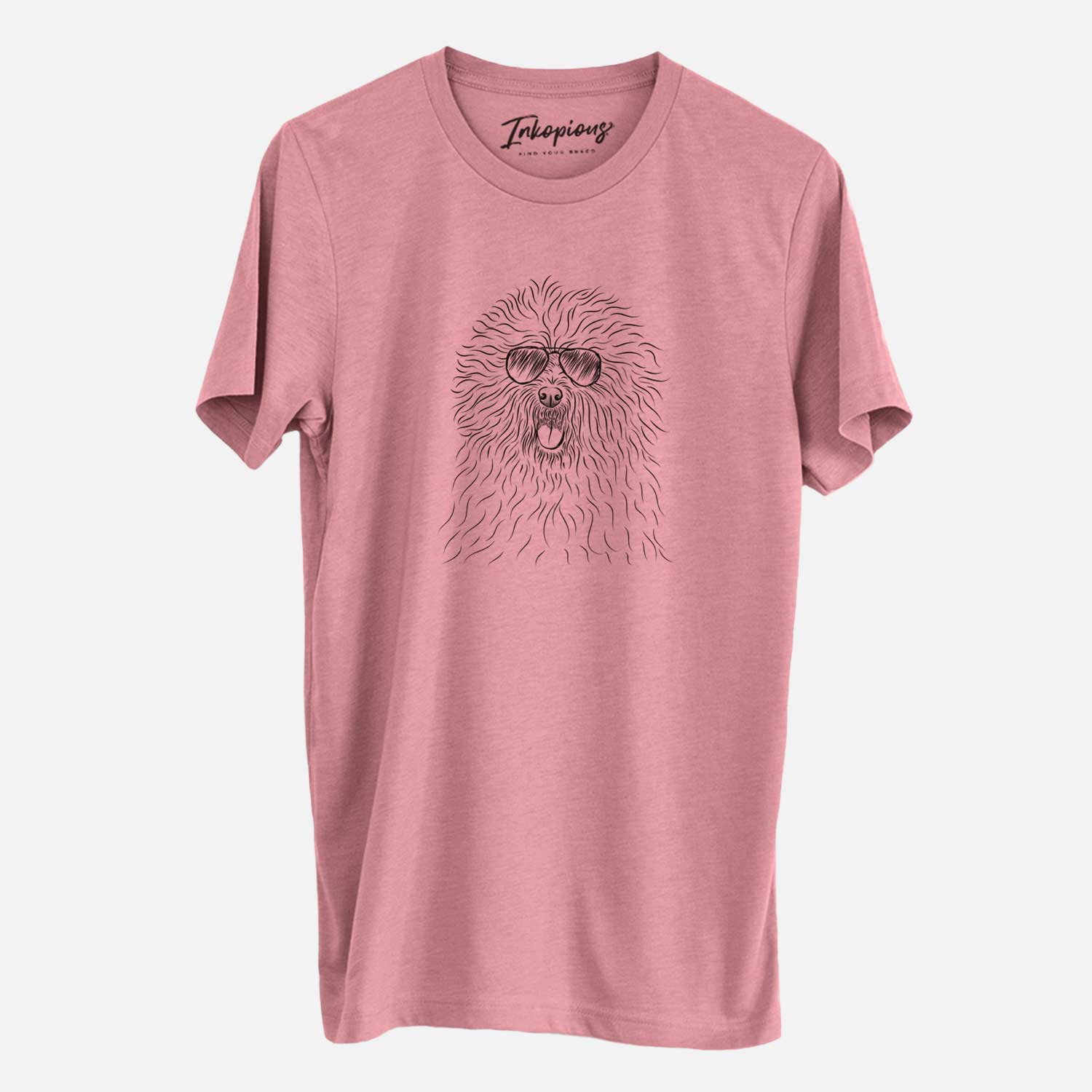 Hand-drawn sketch of Cozie the Old English Sheepdog wearing aviator sunglasses on a Mauve Unisex crewneck