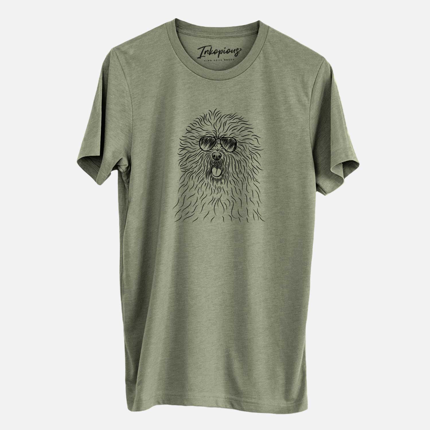 Hand-drawn sketch of Cozie the Old English Sheepdog wearing aviator sunglasses on an Olive Unisex crewneck