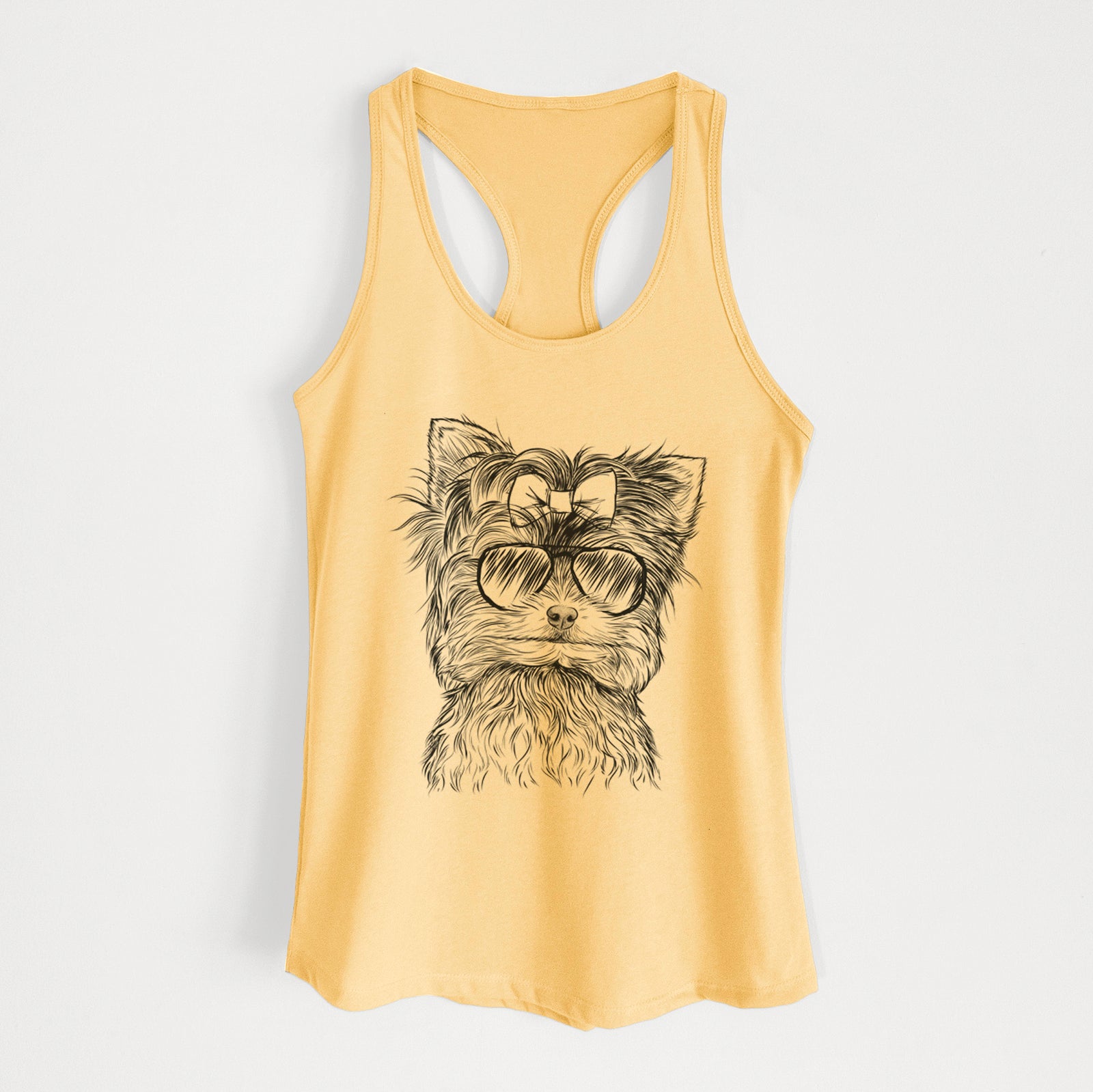 Hand-drawn sketch of Cricket the Biewer Terrier wearing aviator sunglasses on a Banana Cream Women's racerback tanktop