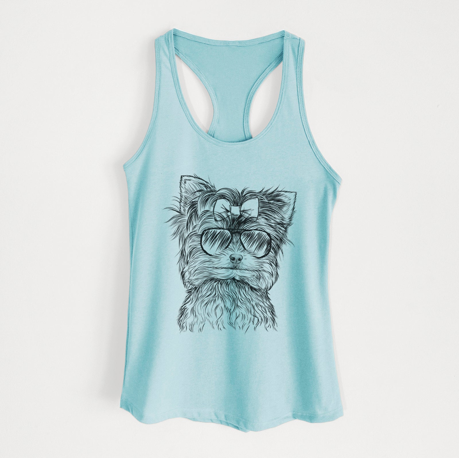 Hand-drawn sketch of Cricket the Biewer Terrier wearing aviator sunglasses on a Cancun Blue Women's racerback tanktop