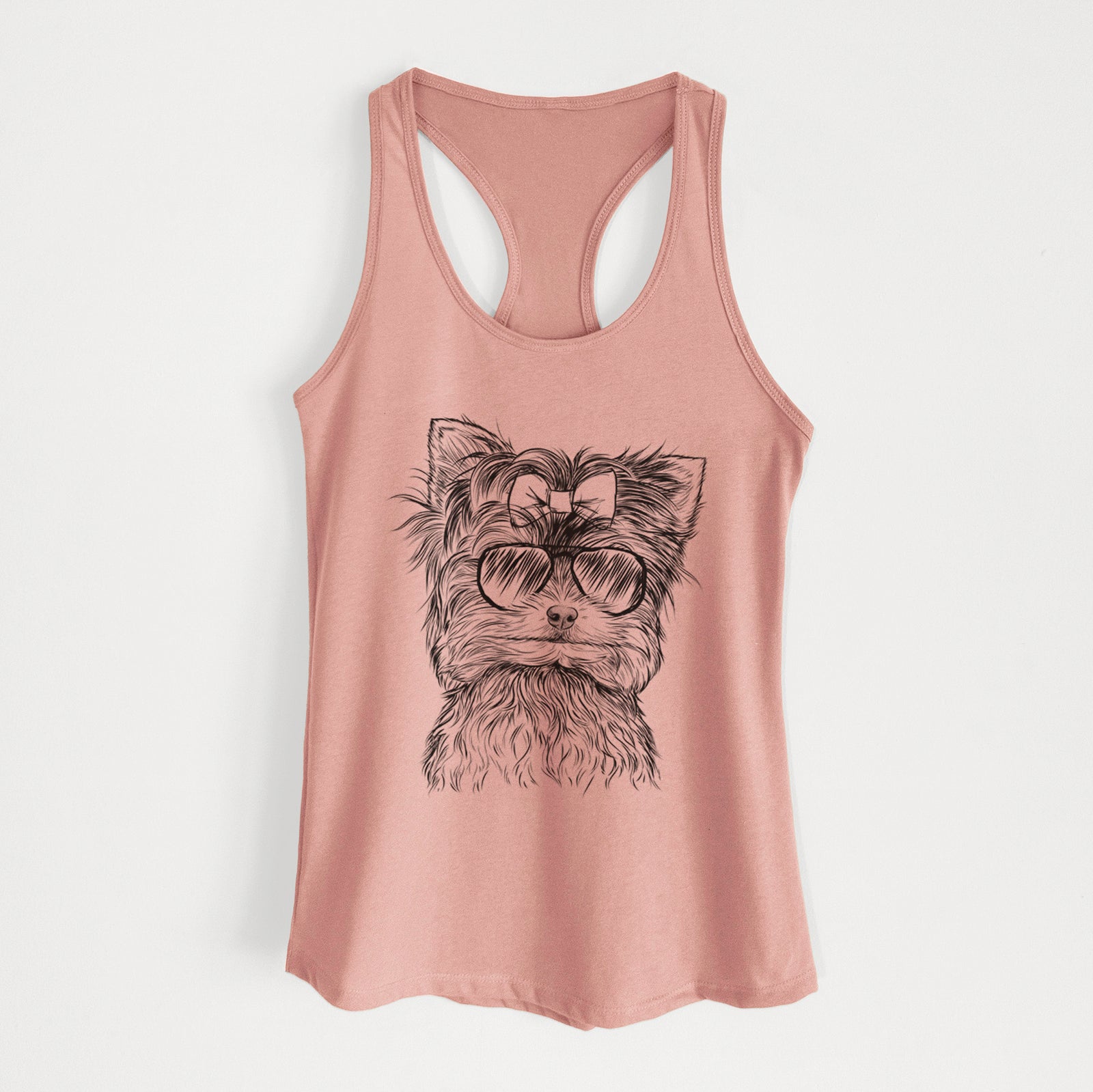 Hand-drawn sketch of Cricket the Biewer Terrier wearing aviator sunglasses on a Desert Pink Women's racerback tanktop