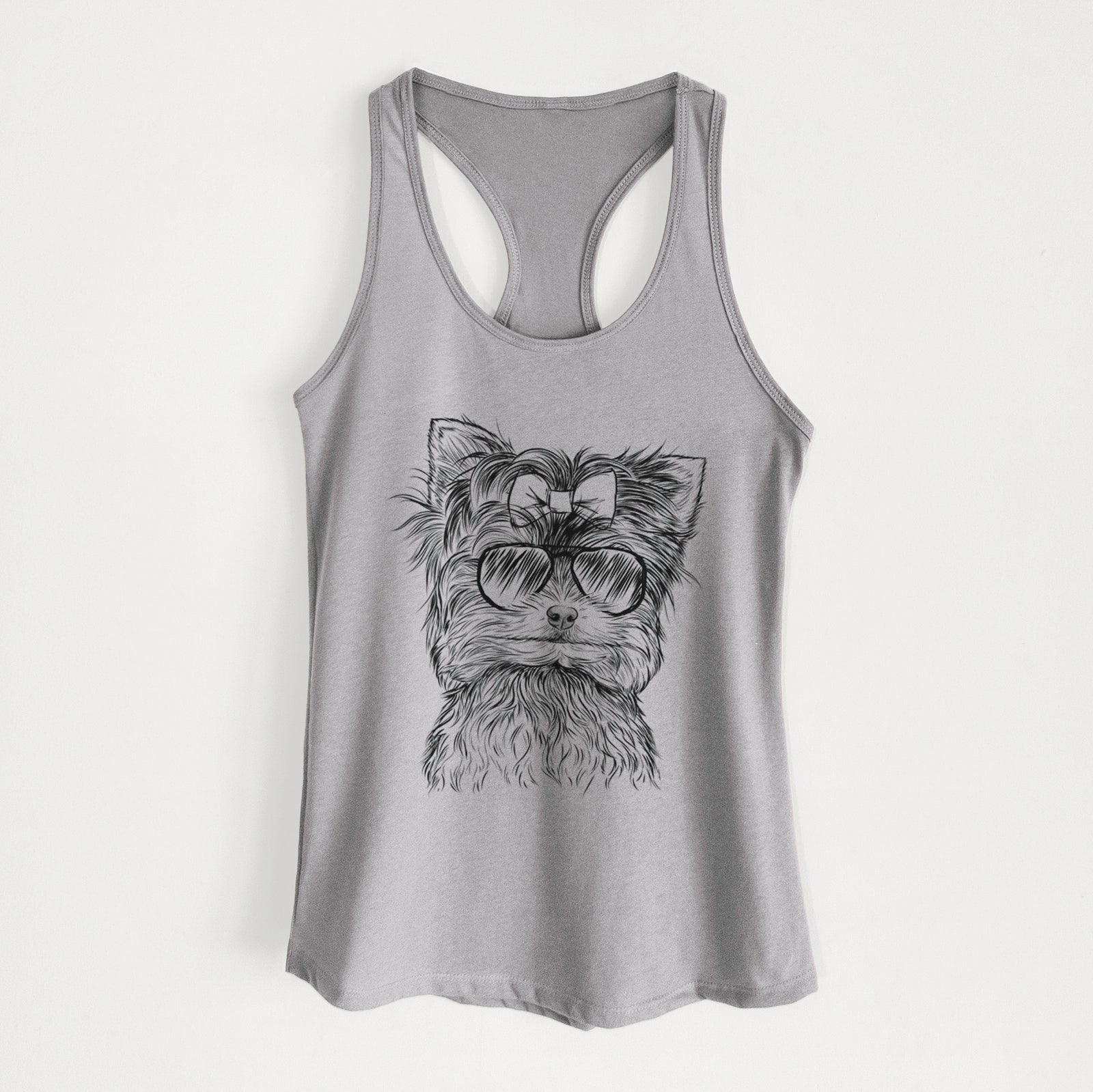 Hand-drawn sketch of Cricket the Biewer Terrier wearing aviator sunglasses on a Heather Grey Women's racerback tanktop