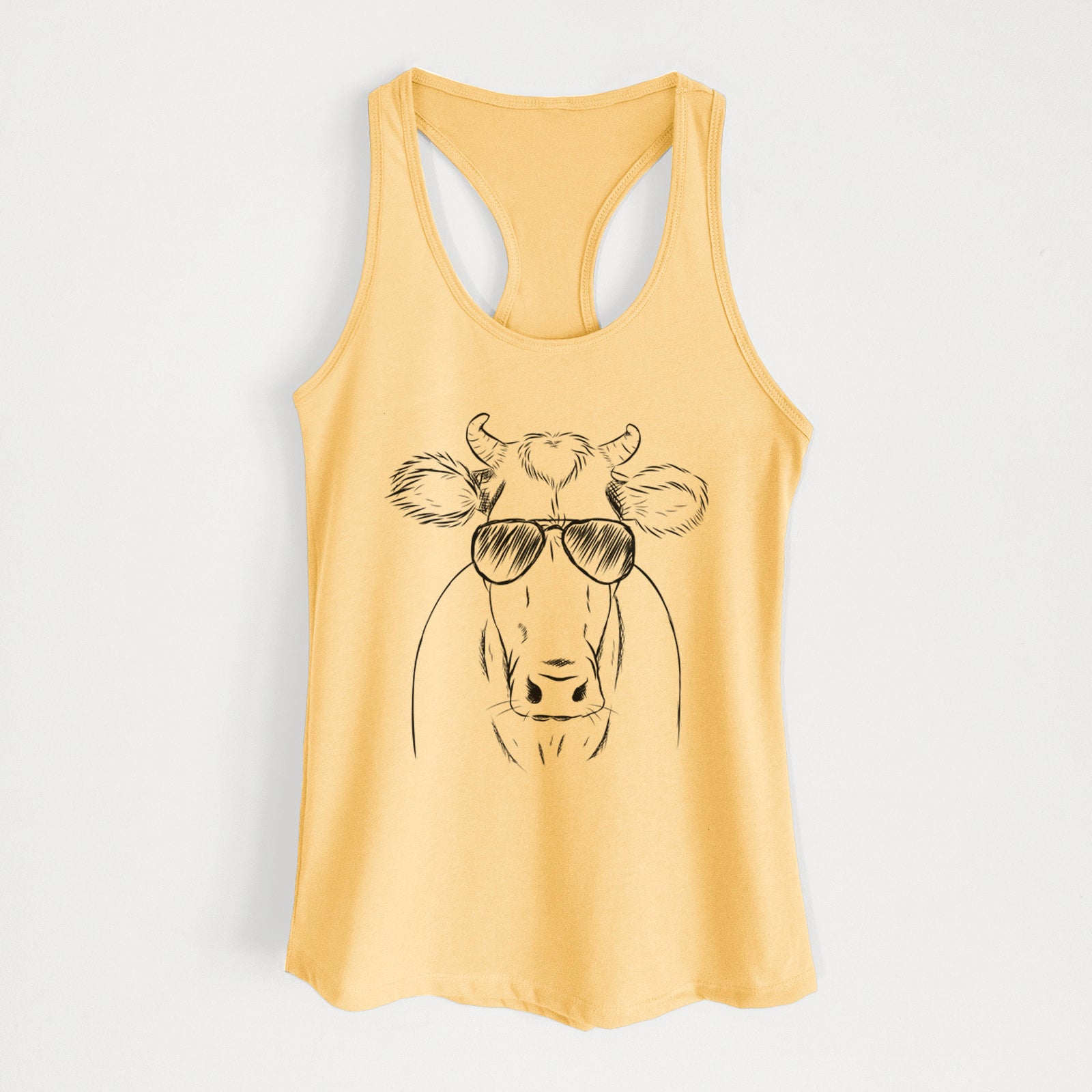 Hand-drawn sketch of Cruz the Cow wearing aviator sunglasses on a Banana Cream Women's racerback tanktop