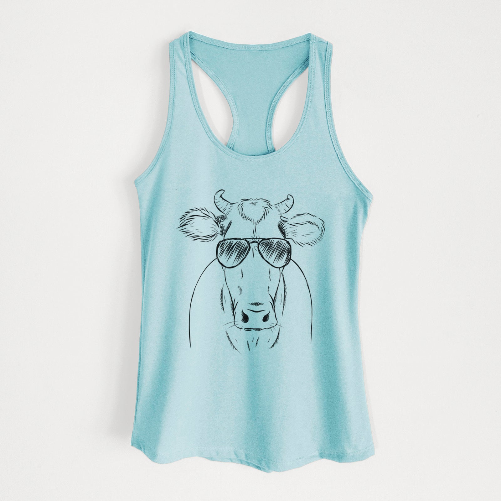 Hand-drawn sketch of Cruz the Cow wearing aviator sunglasses on a Cancun Blue Women's racerback tanktop