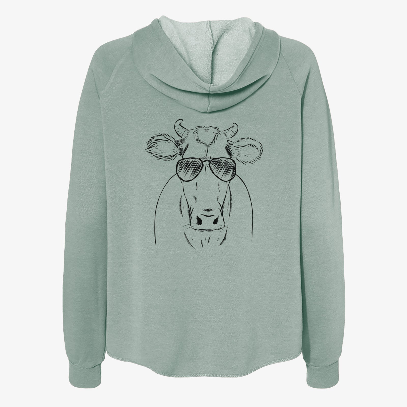 Hand-drawn sketch of Cruz the Cow wearing aviator sunglasses on a Sage Women's cali wave zip-up sweatshirt