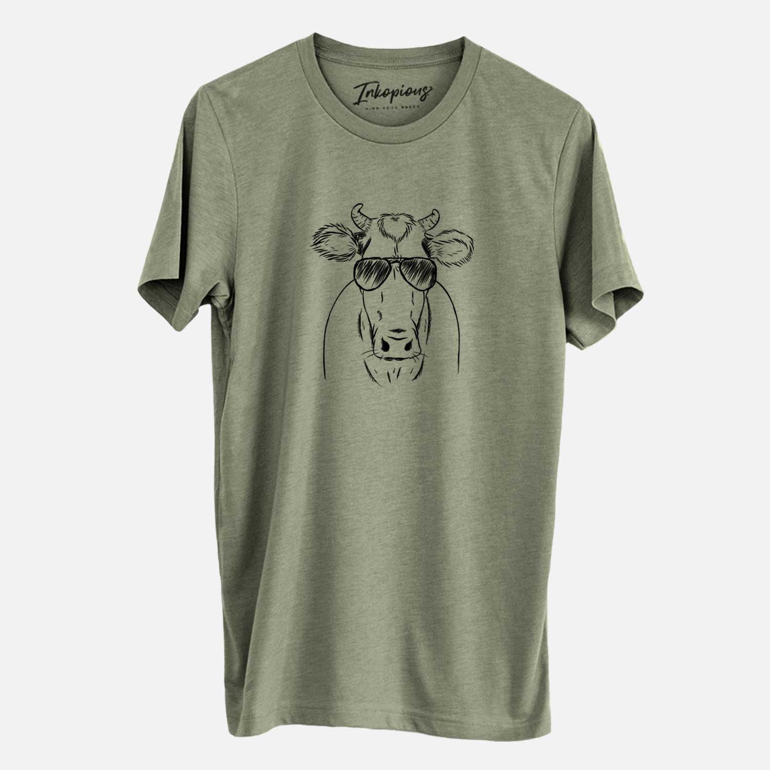 Hand-drawn sketch of Cruz the Cow wearing aviator sunglasses on an Olive Unisex crewneck