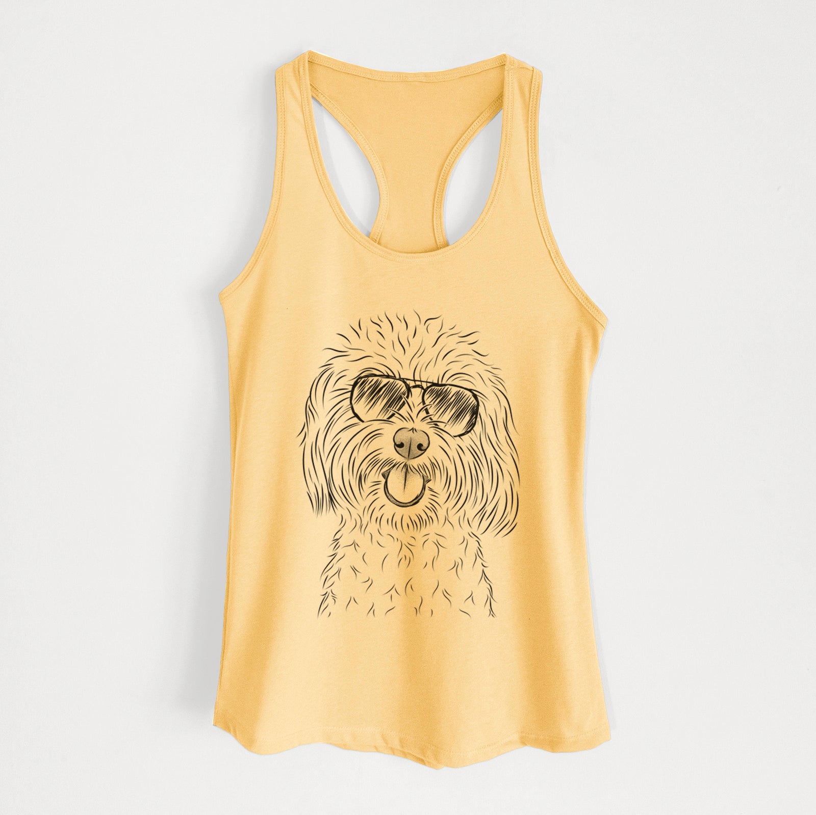 Hand-drawn sketch of Cuddles the Coton de Tulear wearing aviator sunglasses on a Banana Cream Women's racerback tanktop