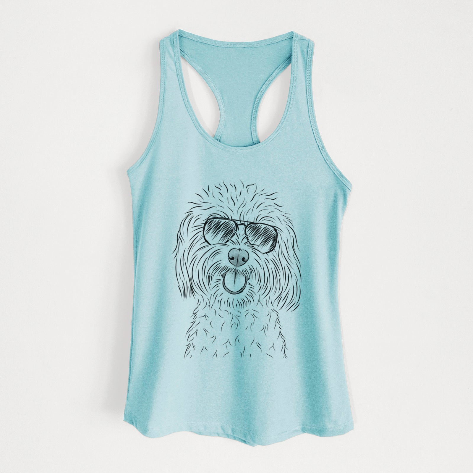 Hand-drawn sketch of Cuddles the Coton de Tulear wearing aviator sunglasses on a Cancun Blue Women's racerback tanktop