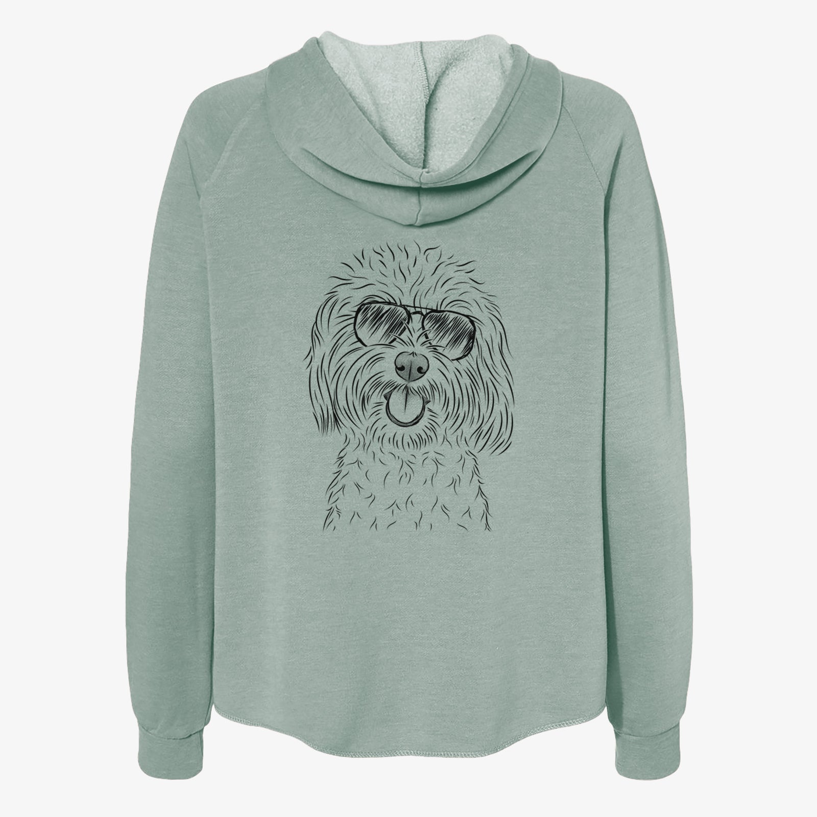 Hand-drawn sketch of Cuddles the Coton de Tulear wearing aviator sunglasses on a Sage Women's cali wave zip-up sweatshirt
