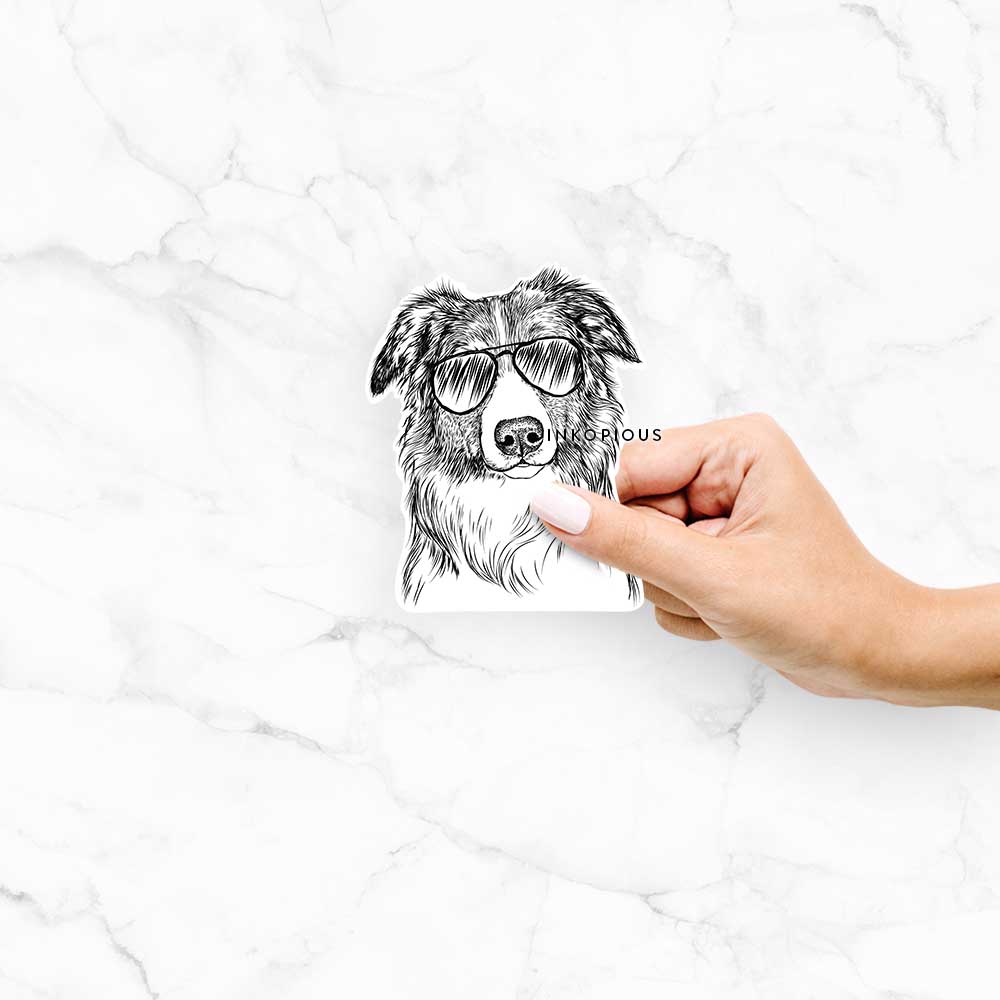 Hand-drawn sketch of Cynder the English Shepherd wearing aviator sunglasses on a decal sticker