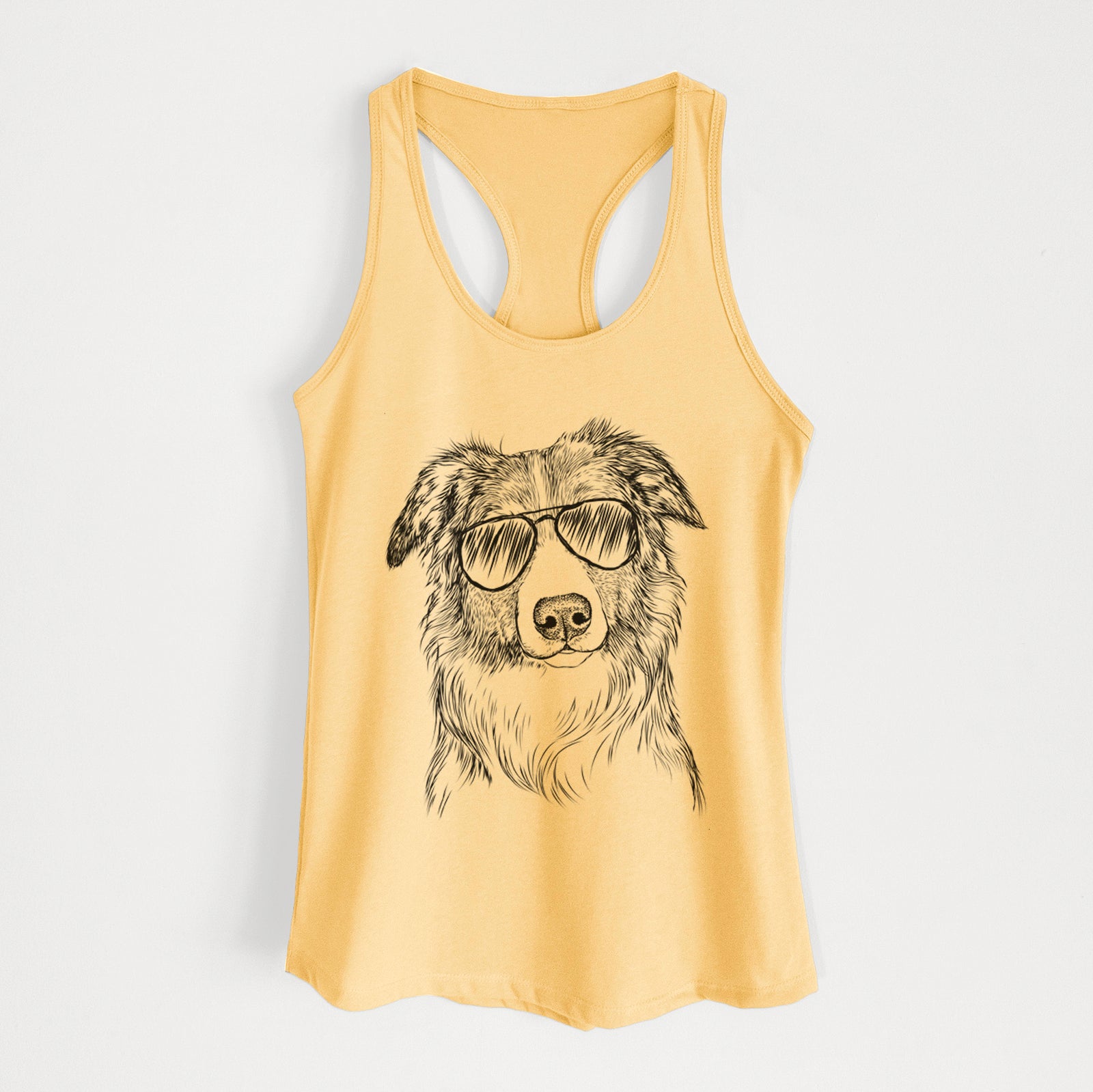Hand-drawn sketch of Cynder the English Shepherd wearing aviator sunglasses on a Banana Cream Women's racerback tanktop