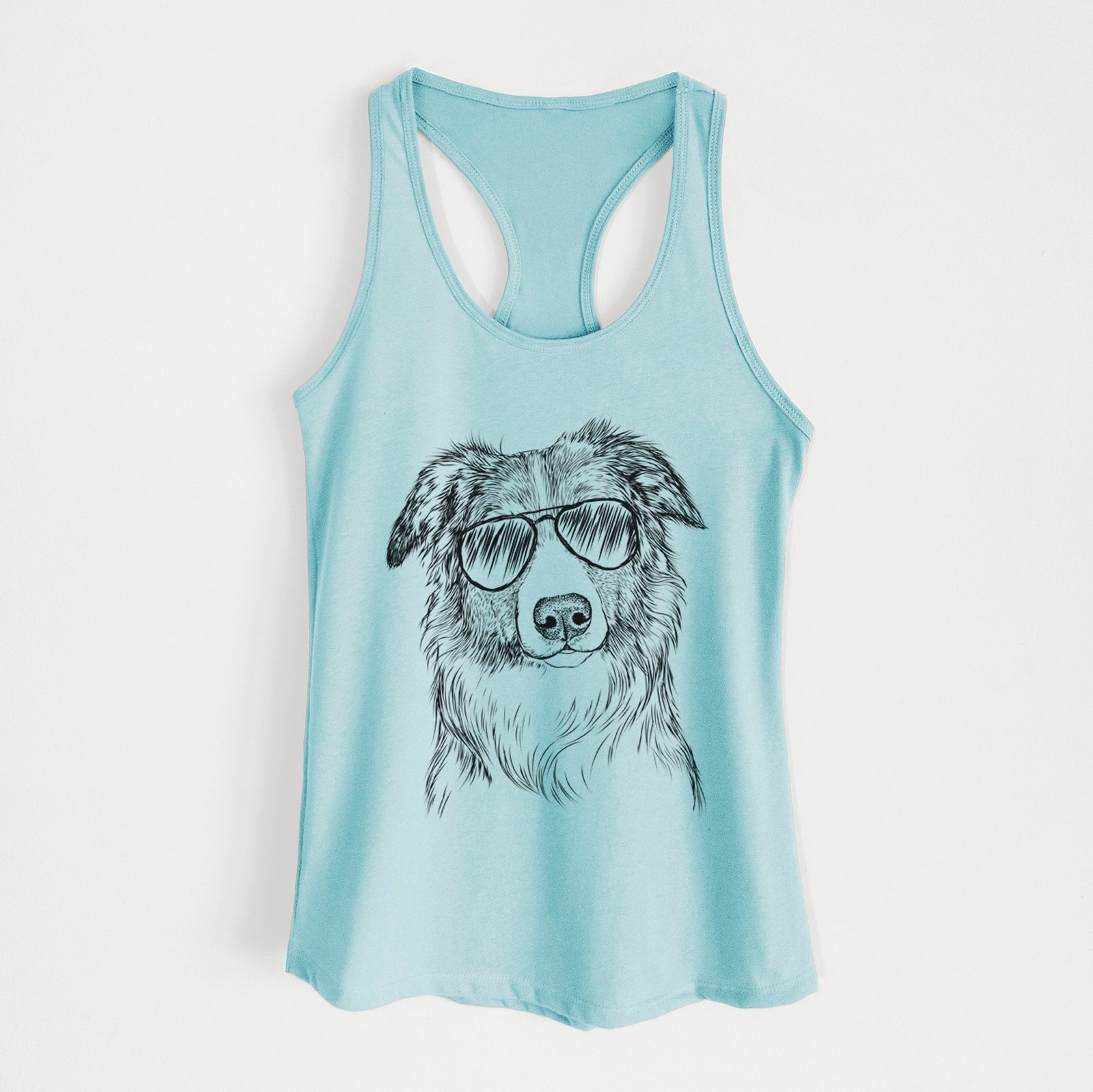 Hand-drawn sketch of Cynder the English Shepherd wearing aviator sunglasses on a Cancun Blue Women's racerback tanktop