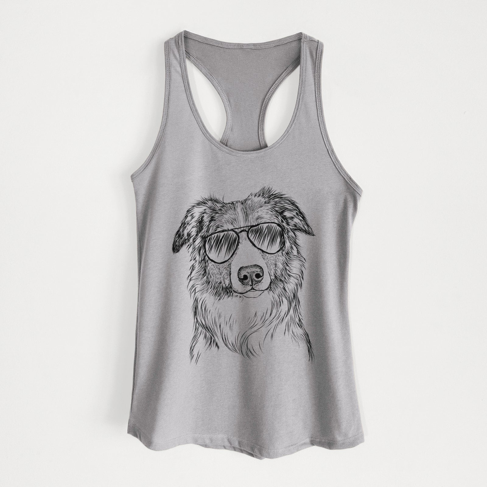 Hand-drawn sketch of Cynder the English Shepherd wearing aviator sunglasses on a Heather Grey Women's racerback tanktop