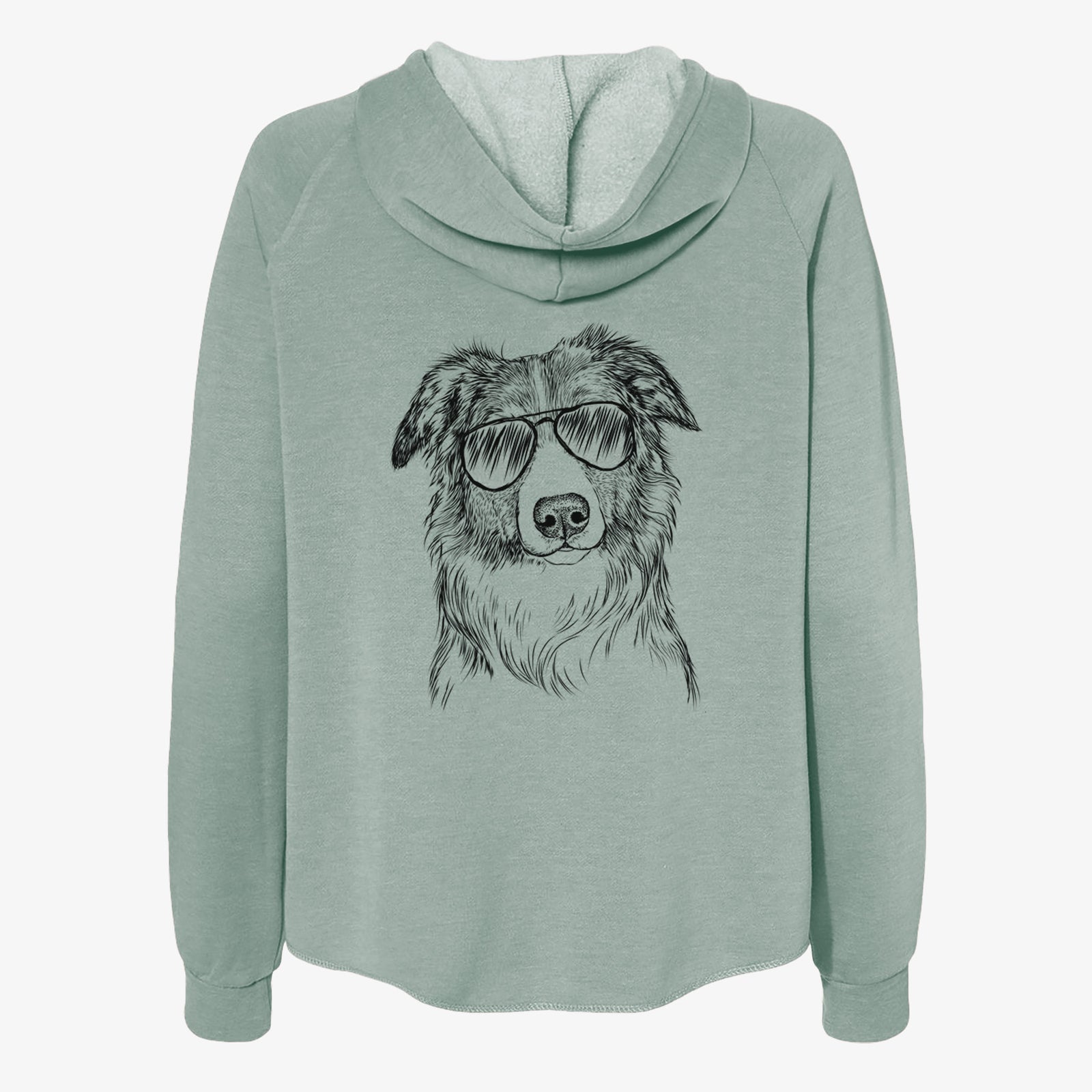 Hand-drawn sketch of Cynder the English Shepherd wearing aviator sunglasses on a Sage Women's cali wave zip-up sweatshirt