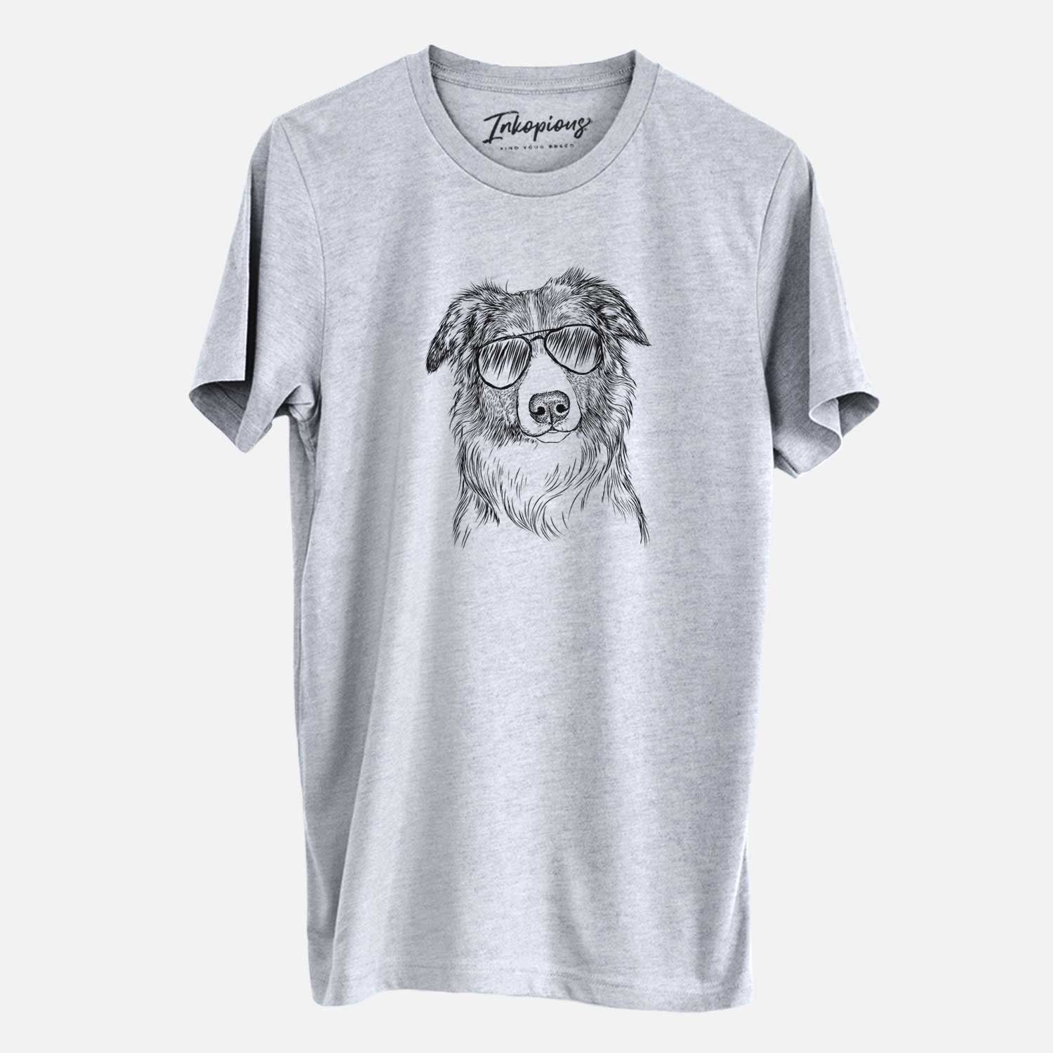 Hand-drawn sketch of Cynder the English Shepherd wearing aviator sunglasses on a Grey Unisex crewneck
