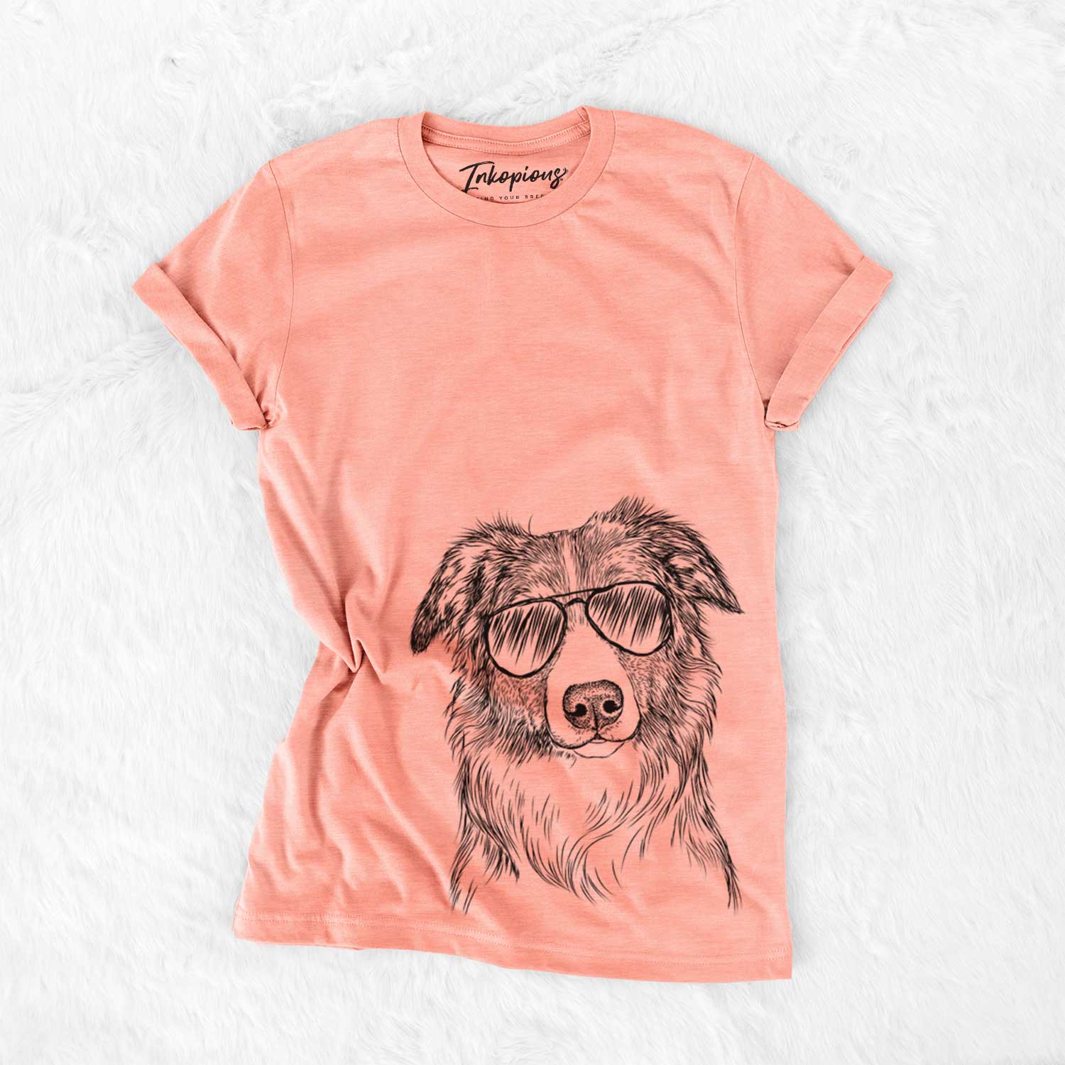 Hand-drawn sketch of Cynder the English Shepherd wearing aviator sunglasses on a Sunset Bella Canvas Unisex Crewneck