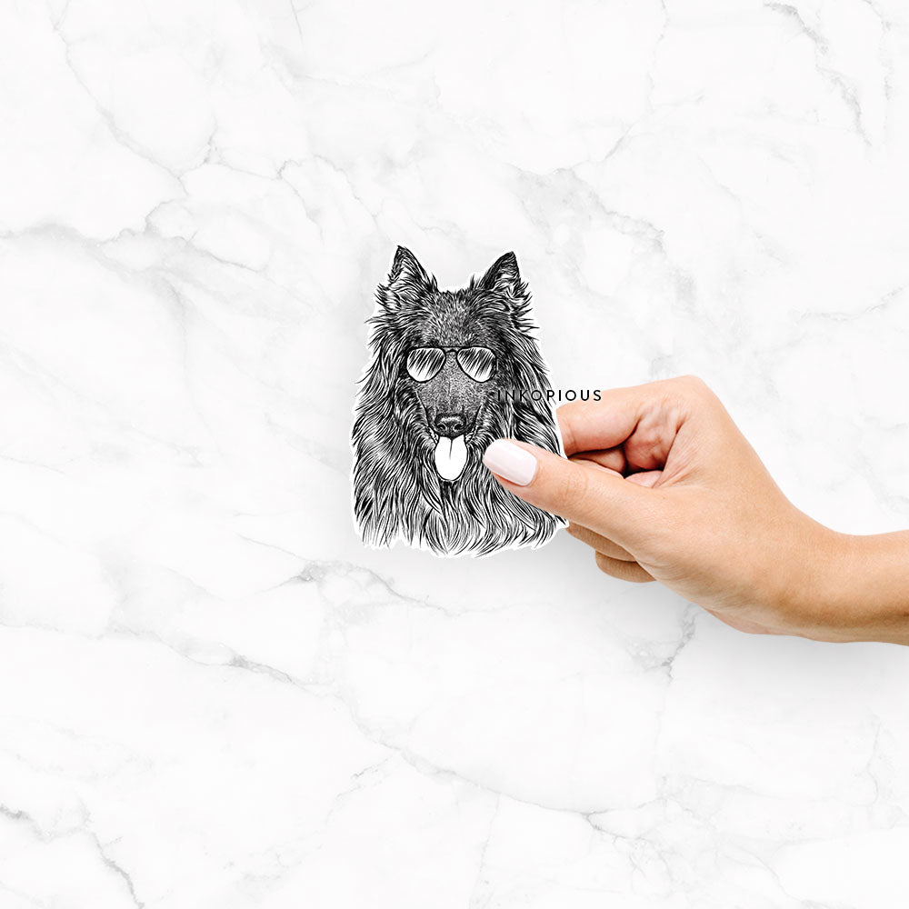 Hand-drawn sketch of Daan the Belgian Shepherd wearing aviator sunglasses on a decal sticker