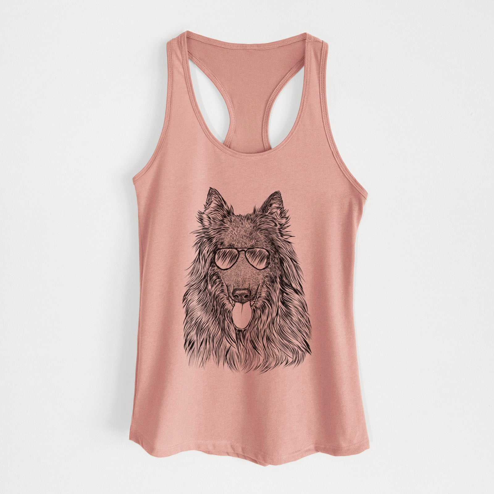 Hand-drawn sketch of Daan the Belgian Shepherd wearing aviator sunglasses on a Desert Pink Women's racerback tanktop