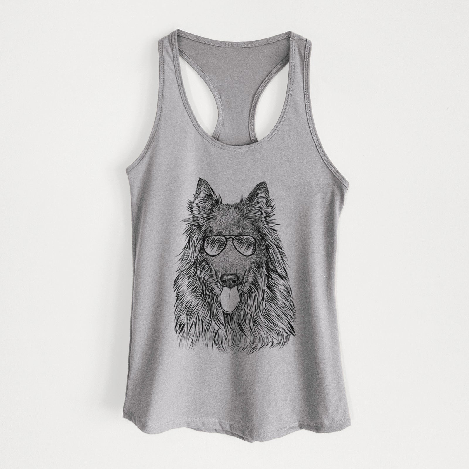 Hand-drawn sketch of Daan the Belgian Shepherd wearing aviator sunglasses on a Heather Grey Women's racerback tanktop