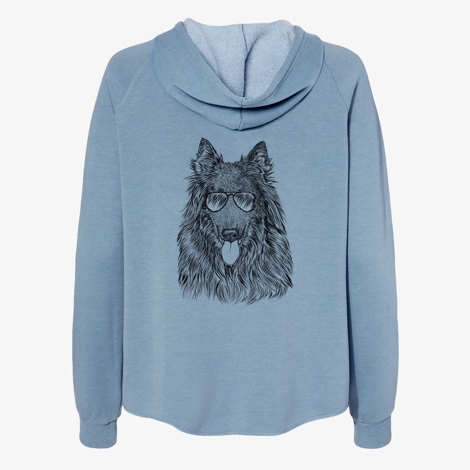 Hand-drawn sketch of Daan the Belgian Shepherd wearing aviator sunglasses on a Misty Blue Women's cali wave zip-up sweatshirt