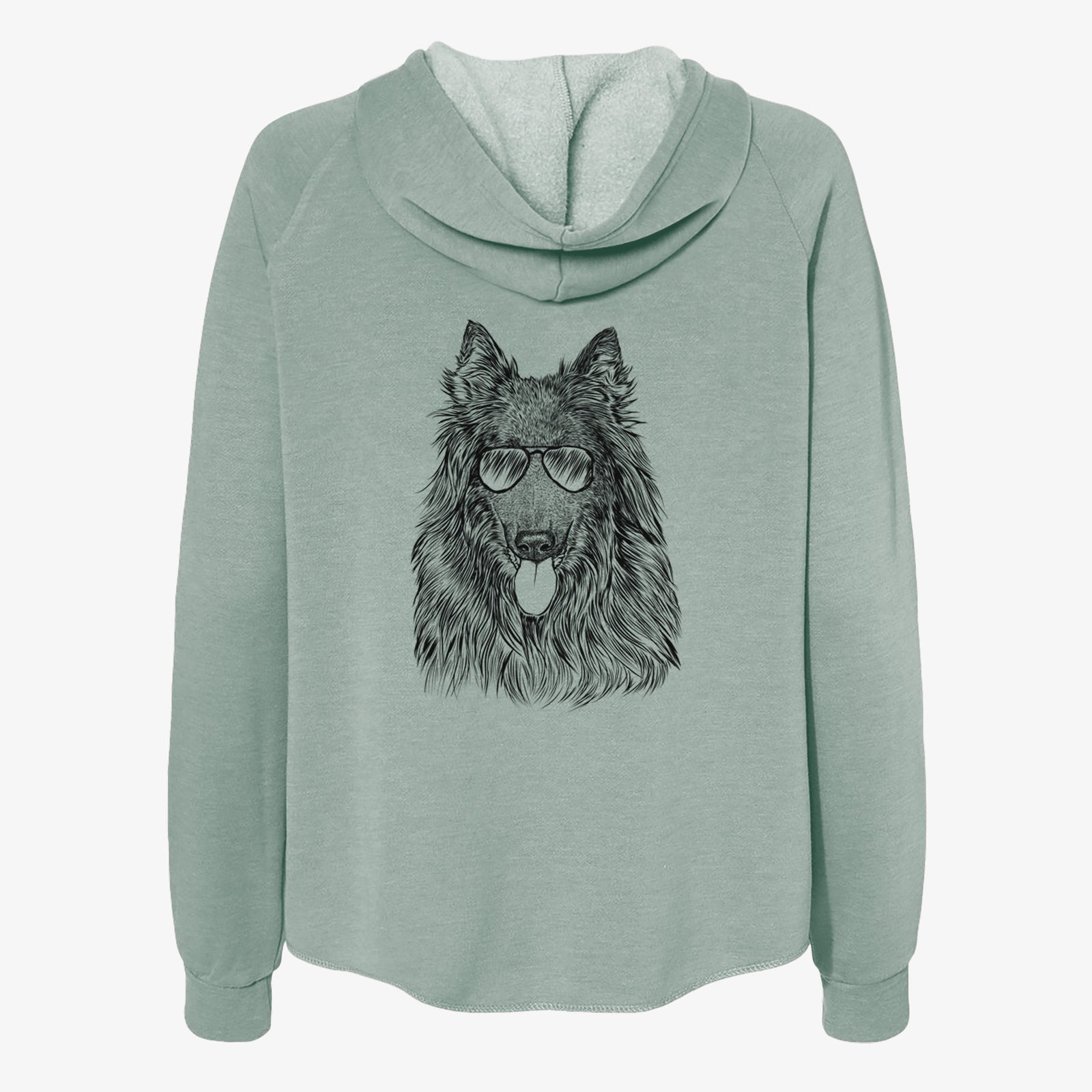 Hand-drawn sketch of Daan the Belgian Shepherd wearing aviator sunglasses on a Sage Women's cali wave zip-up sweatshirt