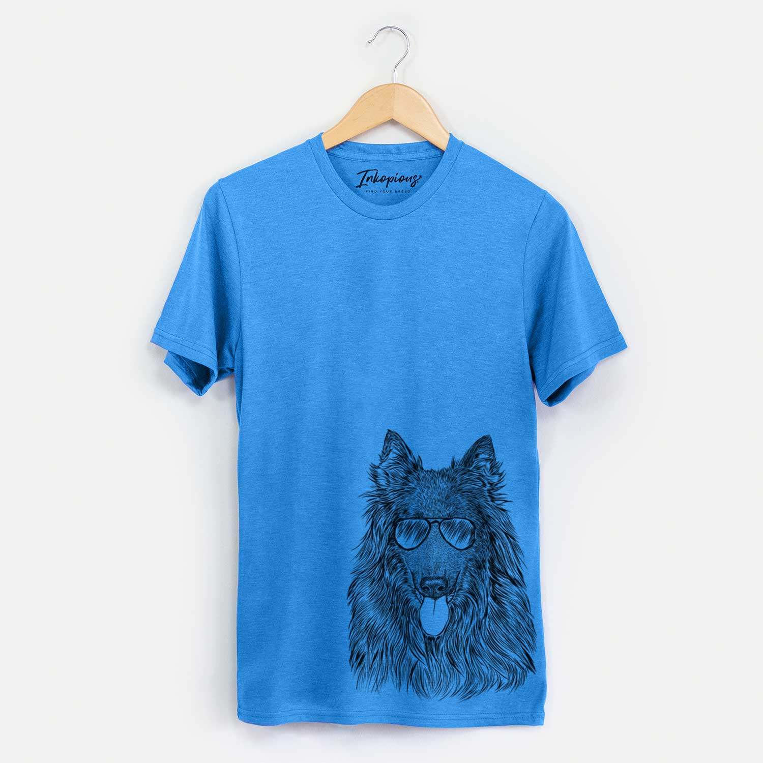 Hand-drawn sketch of Daan the Belgian Shepherd wearing aviator sunglasses on a Blue Unisex crewneck