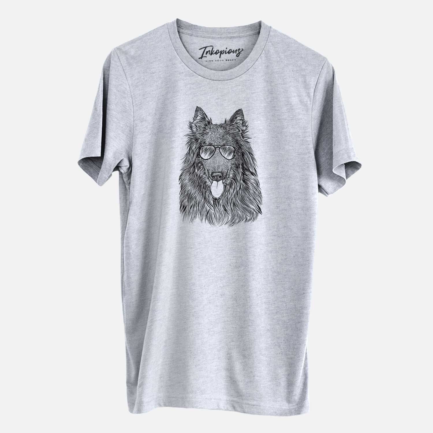 Hand-drawn sketch of Daan the Belgian Shepherd wearing aviator sunglasses on a Grey Unisex crewneck