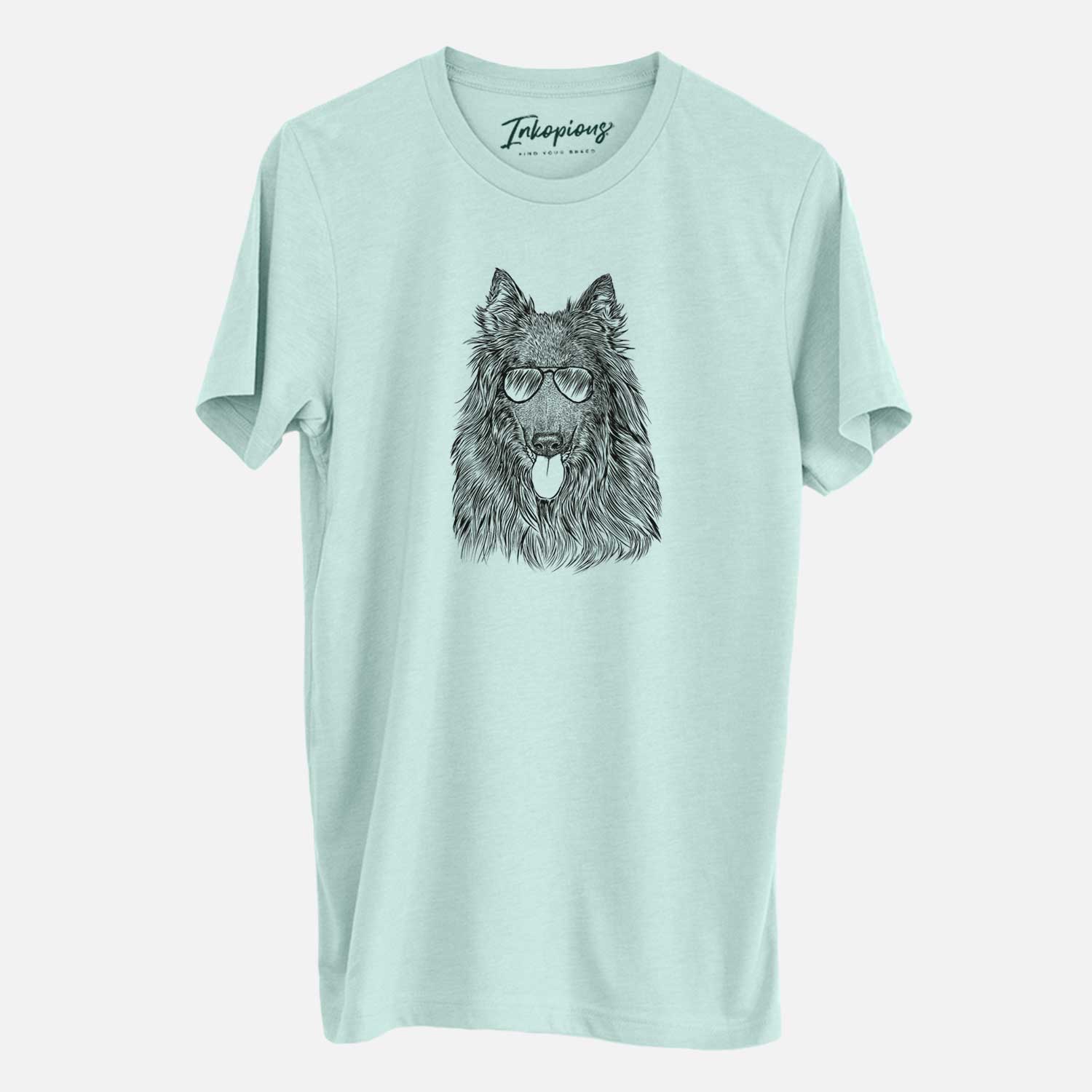Hand-drawn sketch of Daan the Belgian Shepherd wearing aviator sunglasses on a Heather Sage Unisex crewneck