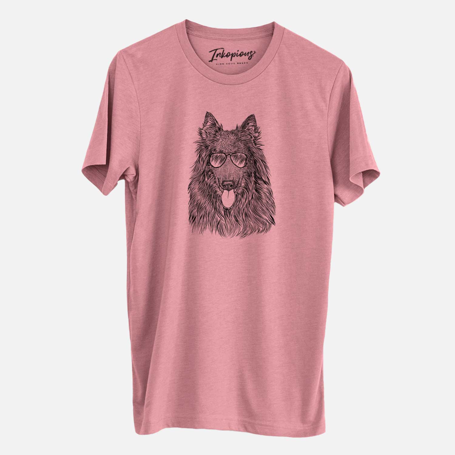 Hand-drawn sketch of Daan the Belgian Shepherd wearing aviator sunglasses on a Mauve Unisex crewneck