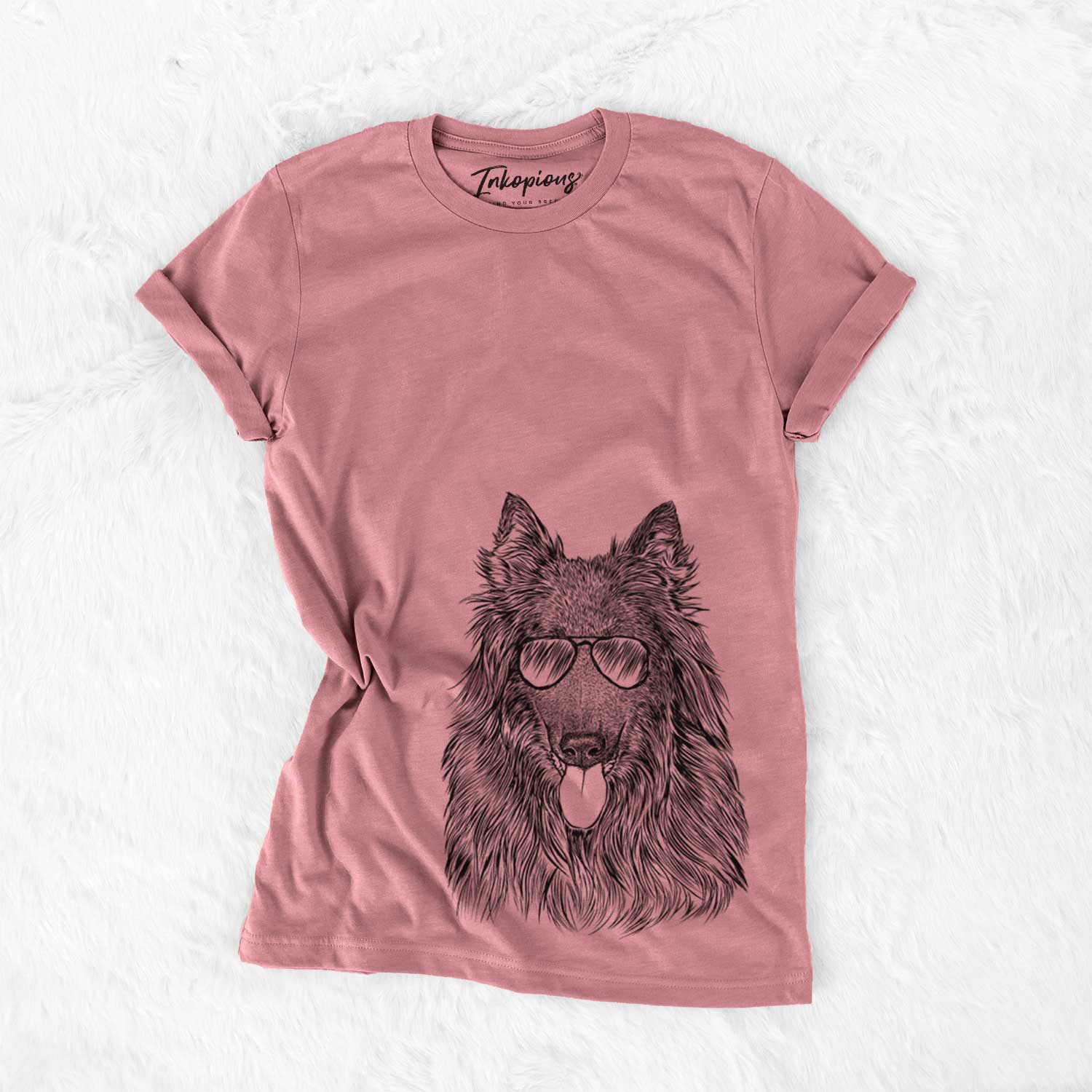 Hand-drawn sketch of Daan the Belgian Shepherd wearing aviator sunglasses on a Mauve Unisex crewneck