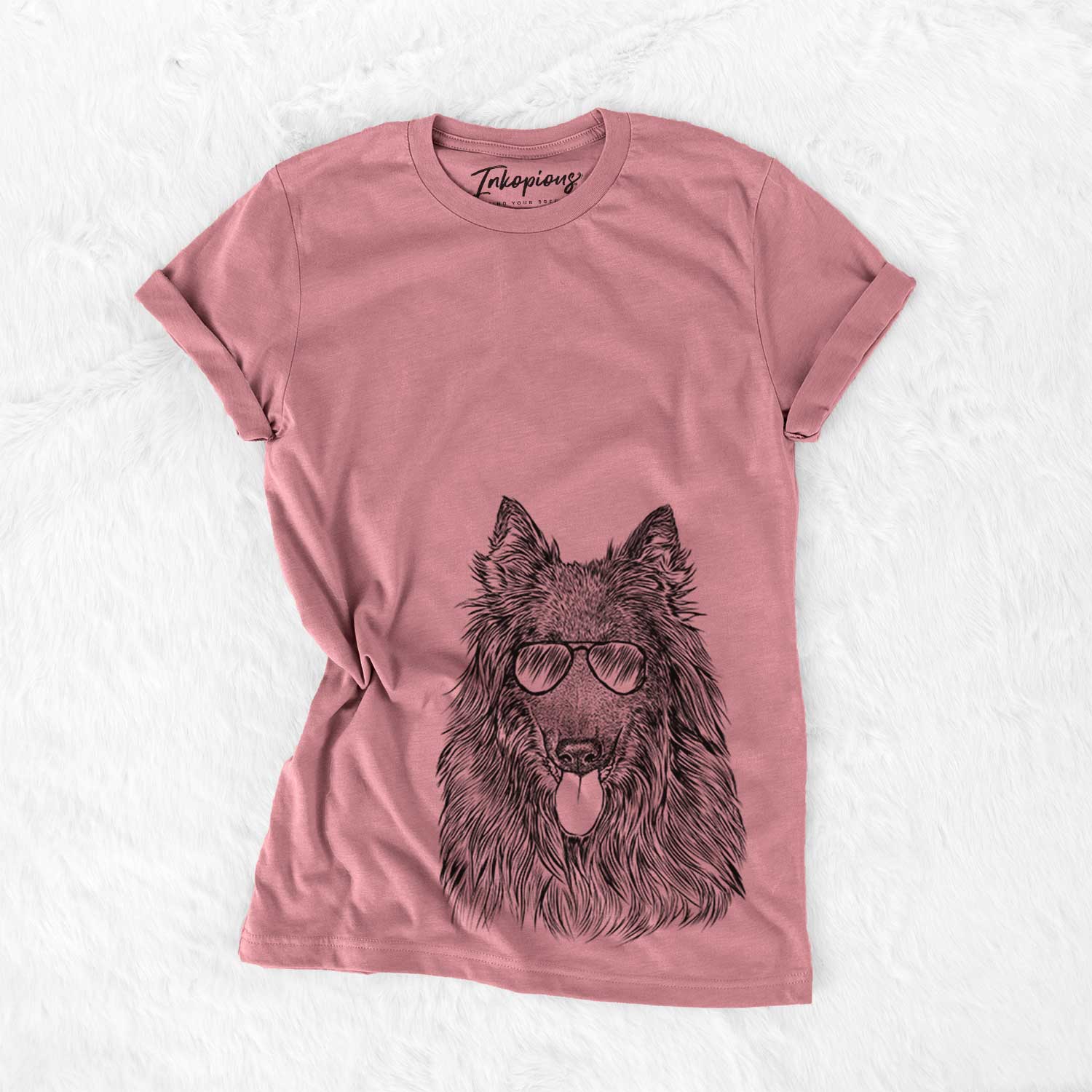 Hand-drawn sketch of Daan the Belgian Shepherd wearing aviator sunglasses on a Mauve Bella Canvas Unisex Crewneck