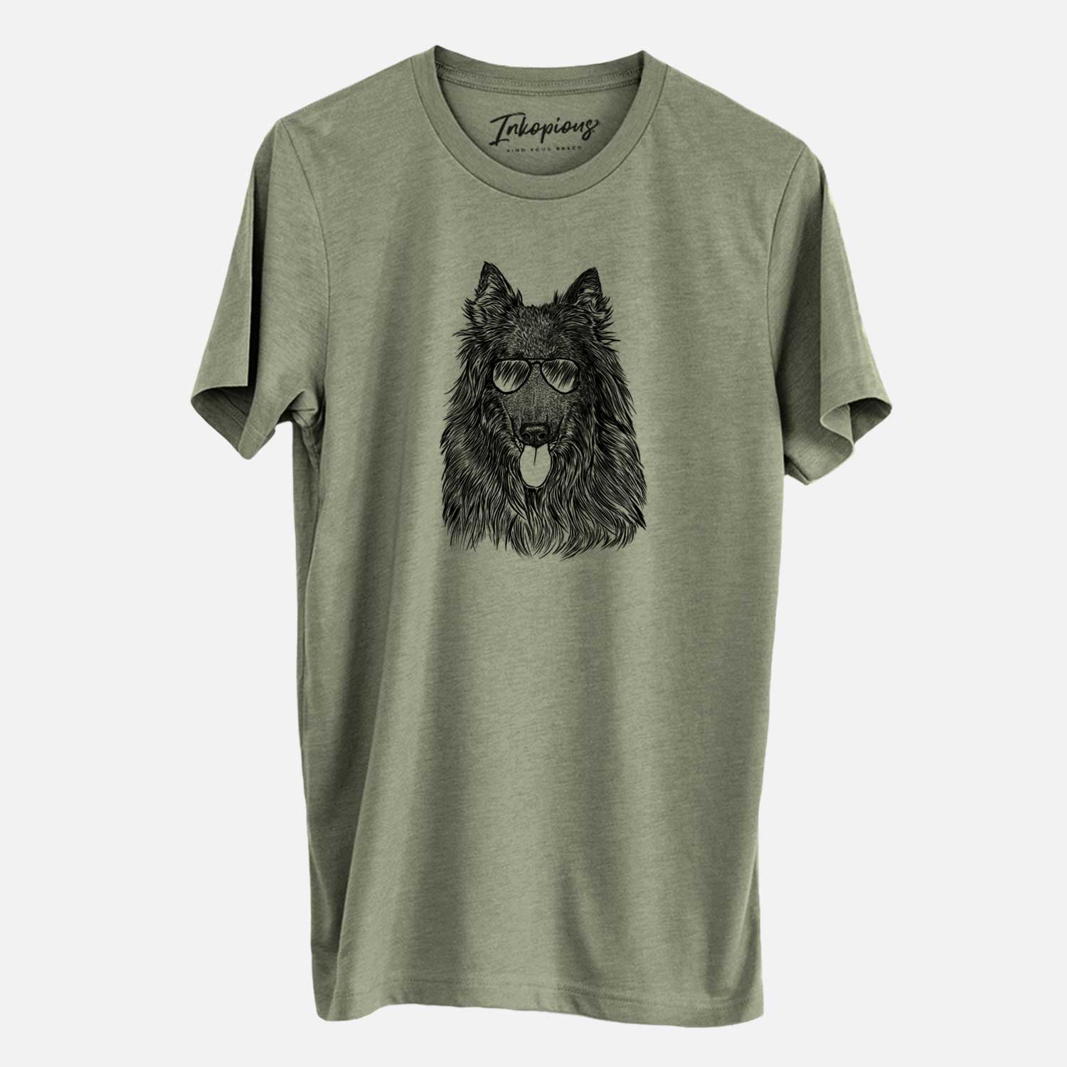 Hand-drawn sketch of Daan the Belgian Shepherd wearing aviator sunglasses on an Olive Unisex crewneck