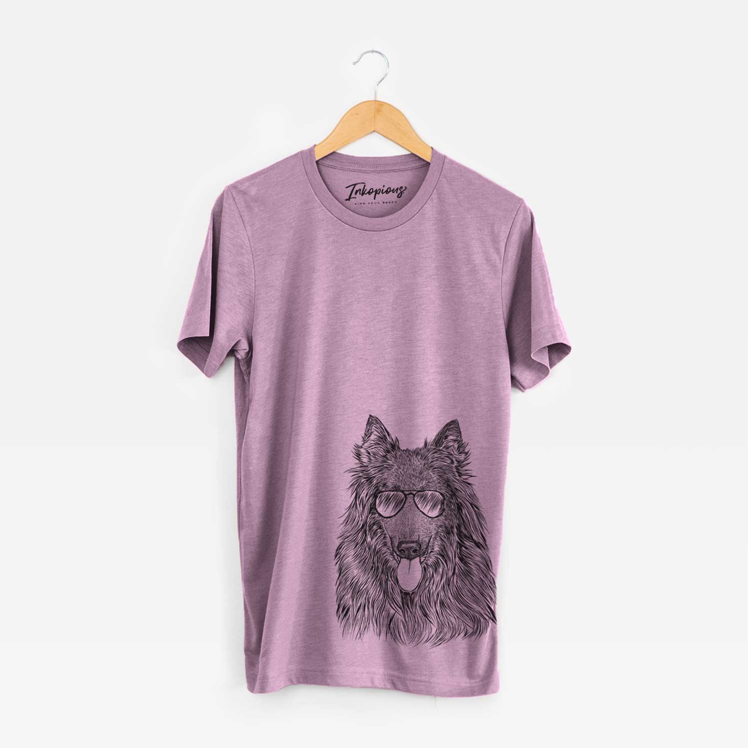 Hand-drawn sketch of Daan the Belgian Shepherd wearing aviator sunglasses on an Orchid Unisex crewneck