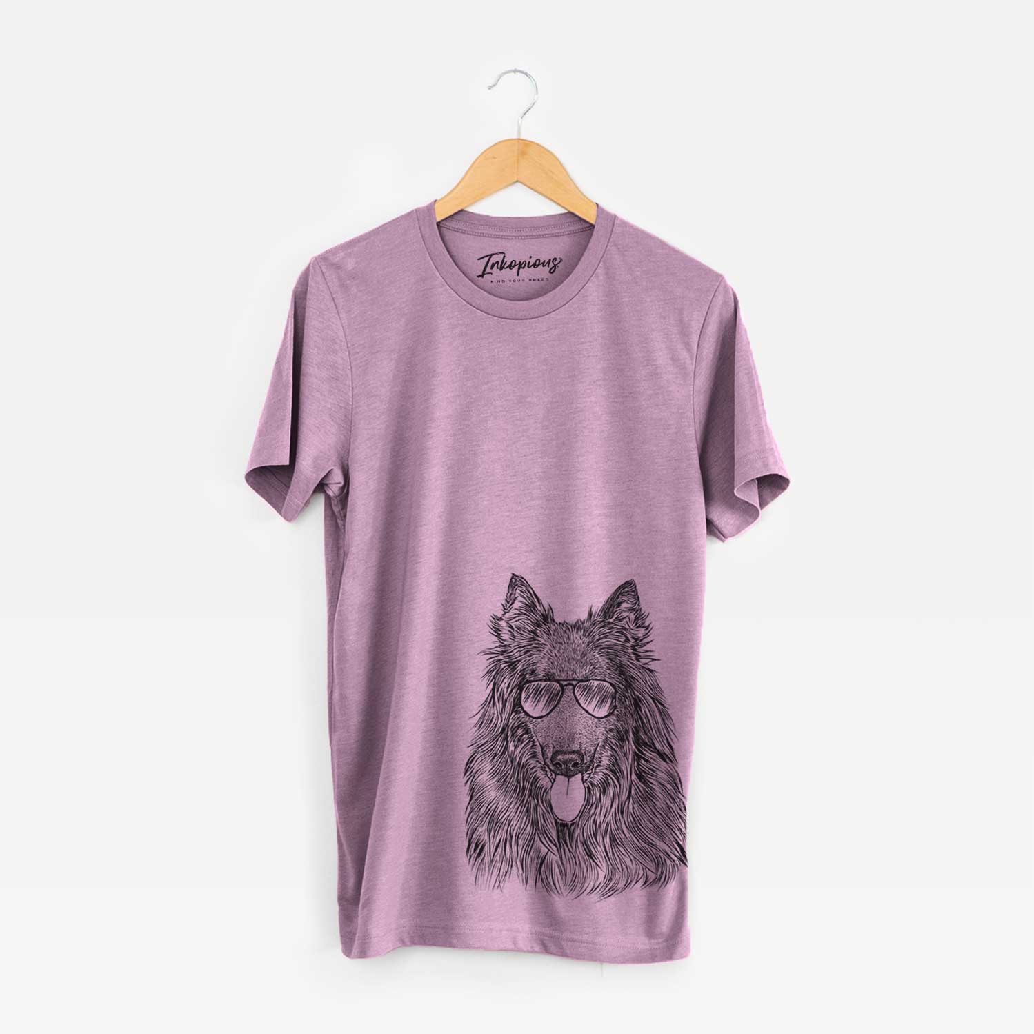 Hand-drawn sketch of Daan the Belgian Shepherd wearing aviator sunglasses on an Orchid Bella Canvas Unisex Crewneck