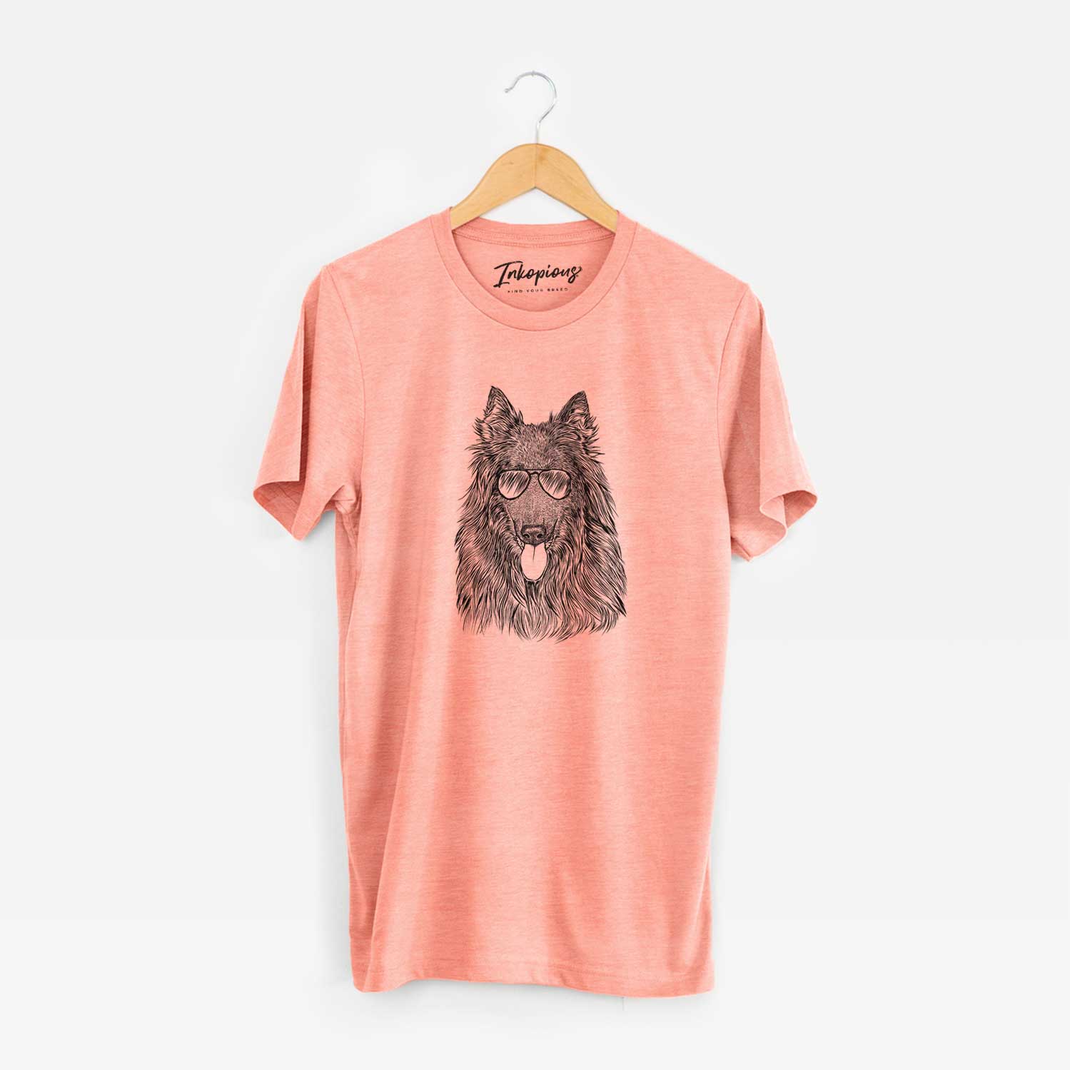 Hand-drawn sketch of Daan the Belgian Shepherd wearing aviator sunglasses on a Sunset Unisex crewneck