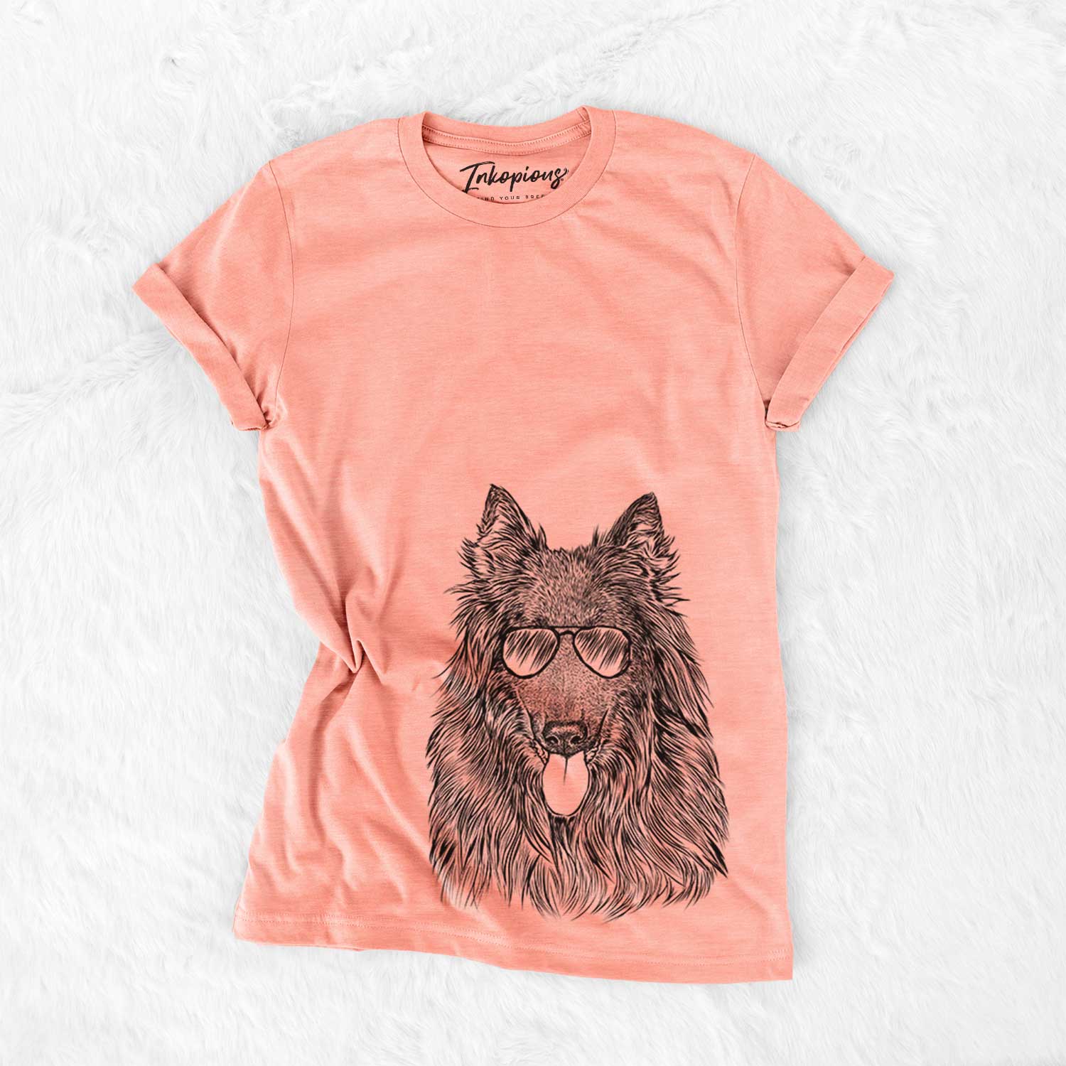 Hand-drawn sketch of Daan the Belgian Shepherd wearing aviator sunglasses on a Sunset Bella Canvas Unisex Crewneck