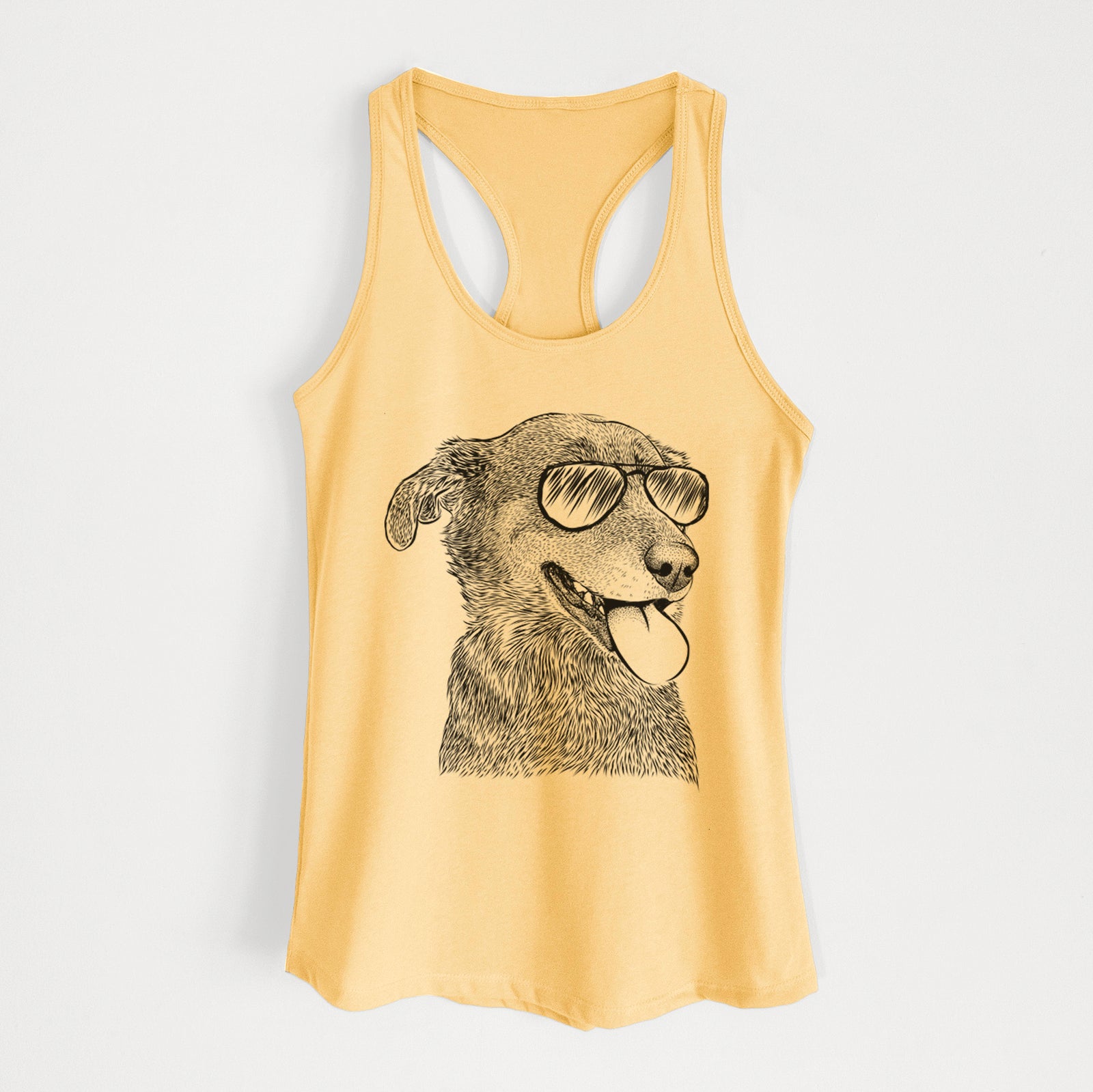 Hand-drawn sketch of Daisy the Australian Shepherd Mix wearing aviator sunglasses on a Banana Cream Women's racerback tanktop