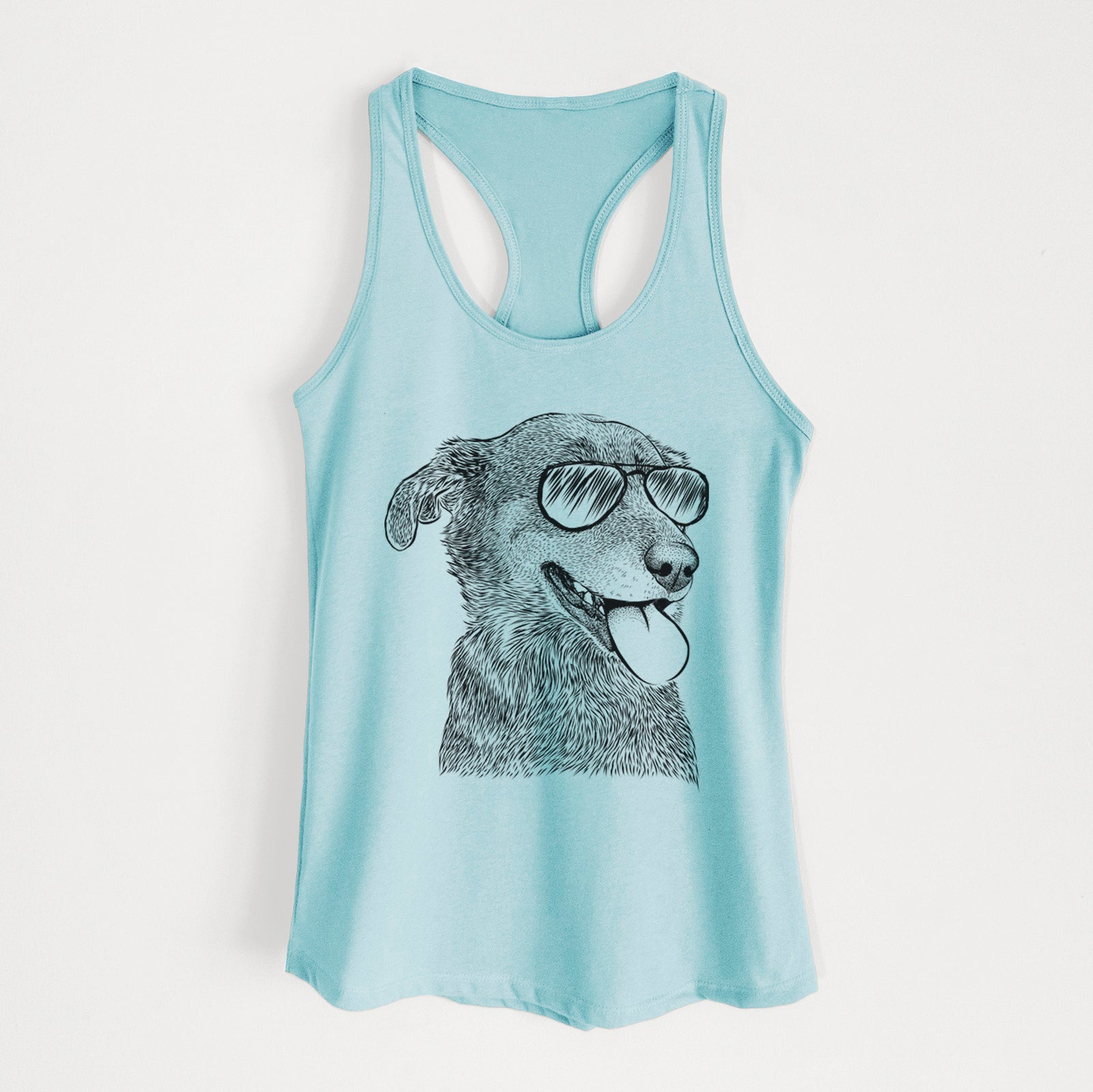 Hand-drawn sketch of Daisy the Australian Shepherd Mix wearing aviator sunglasses on a Cancun Blue Women's racerback tanktop