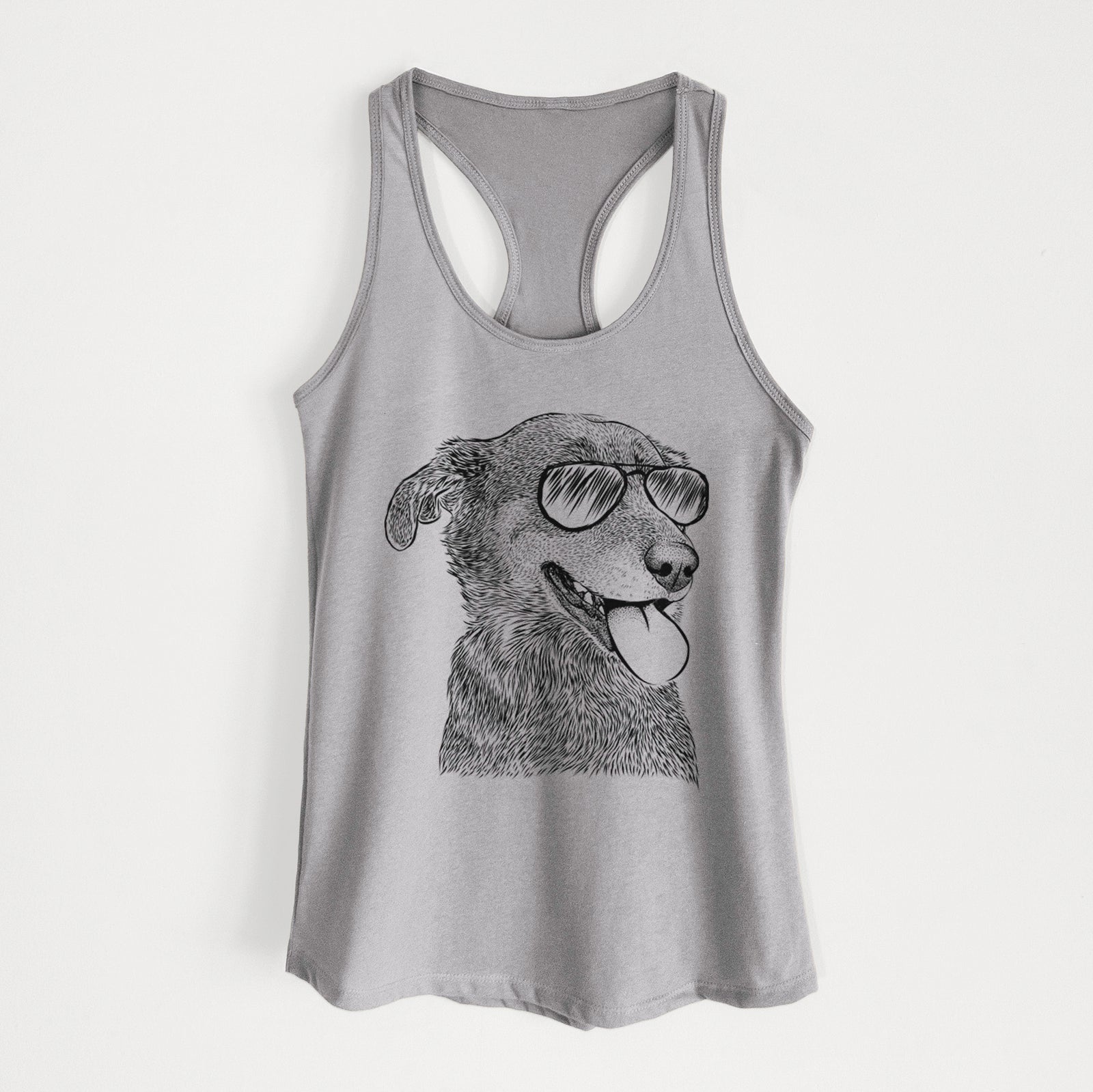 Hand-drawn sketch of Daisy the Australian Shepherd Mix wearing aviator sunglasses on a Heather Grey Women's racerback tanktop